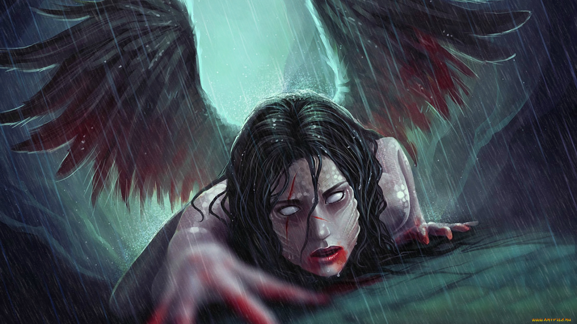 фэнтези, ангелы, дождь, глаза, белые, порезы, волосы, ногти, кровь, руки, крылья, падший, ангел