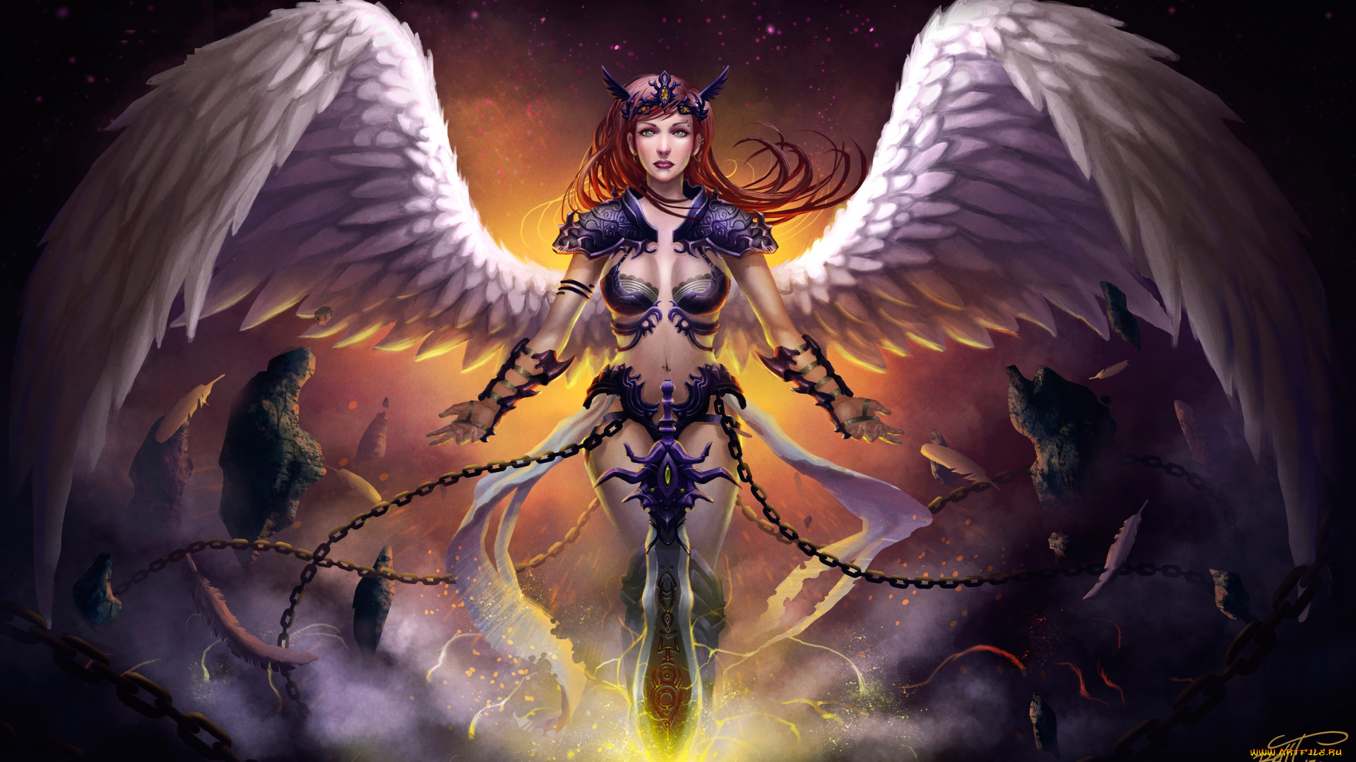 фэнтези, ангелы, крылья, ангел, взгляд, оружие, девушка, меч, волосы, цепи