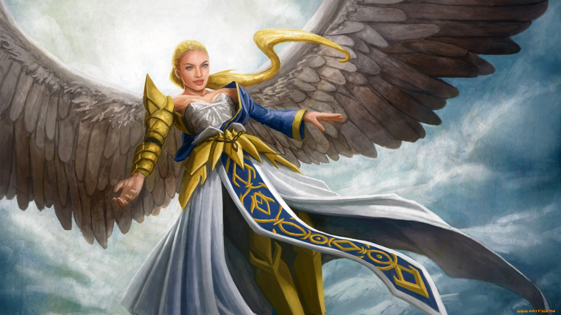 фэнтези, ангелы, улыбка, в, небе, девушка, крылья, ангел, облака