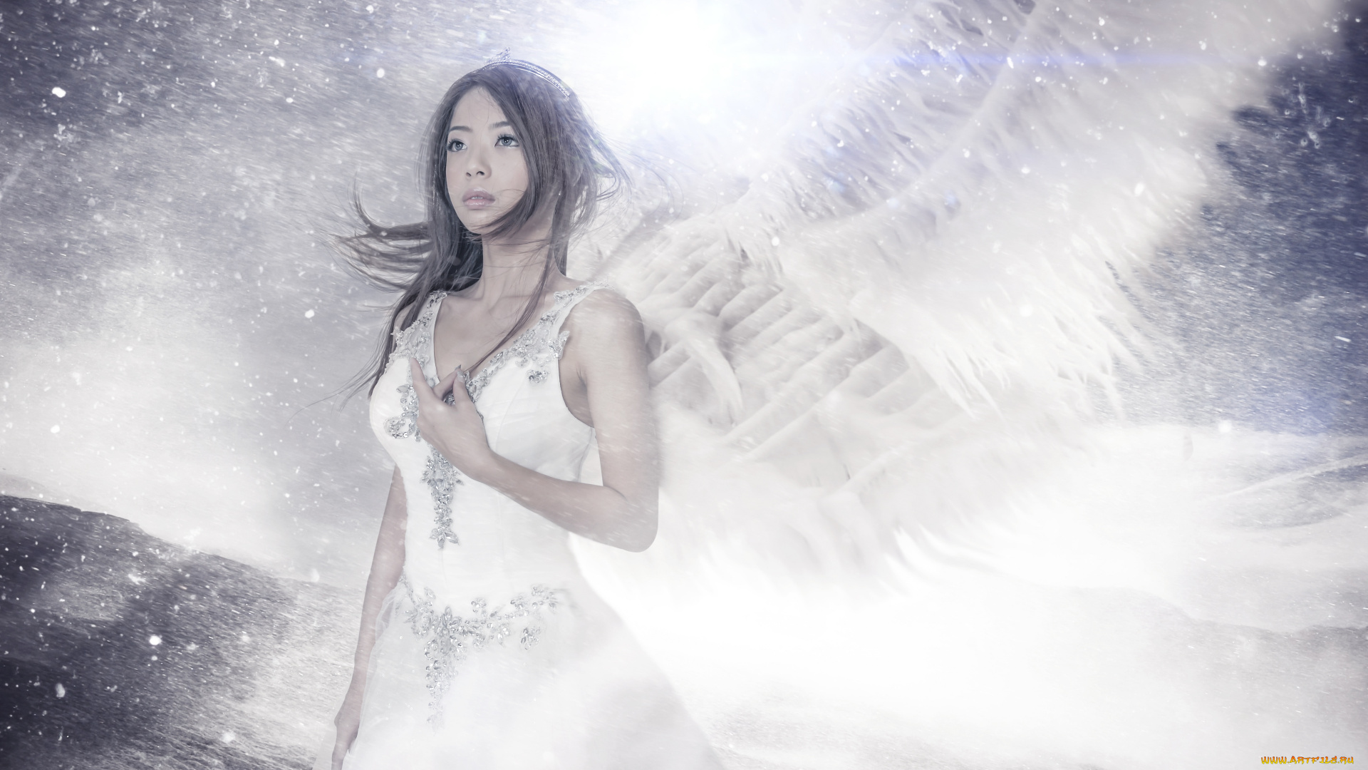 фэнтези, фотоарт, арт, ветер, снег, ангел, крылья, белое, платье, волосы, взгляд, лицо, азиатка, девушка