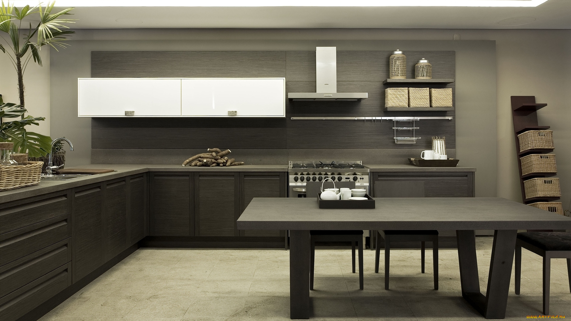 интерьер, кухня, стулья, стол, вытяжка, плита, шкафы