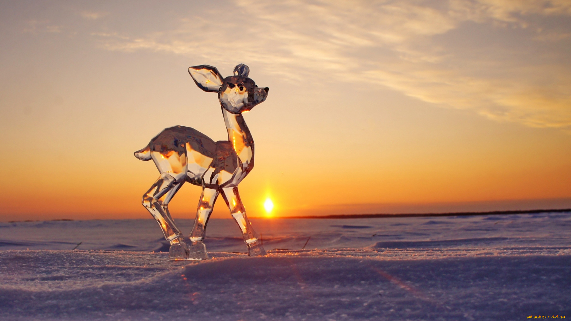 разное, фигуры, из, песка, , льда, и, снега, зима, снег, солнце, закат, скульптура, лёд, оленёнок