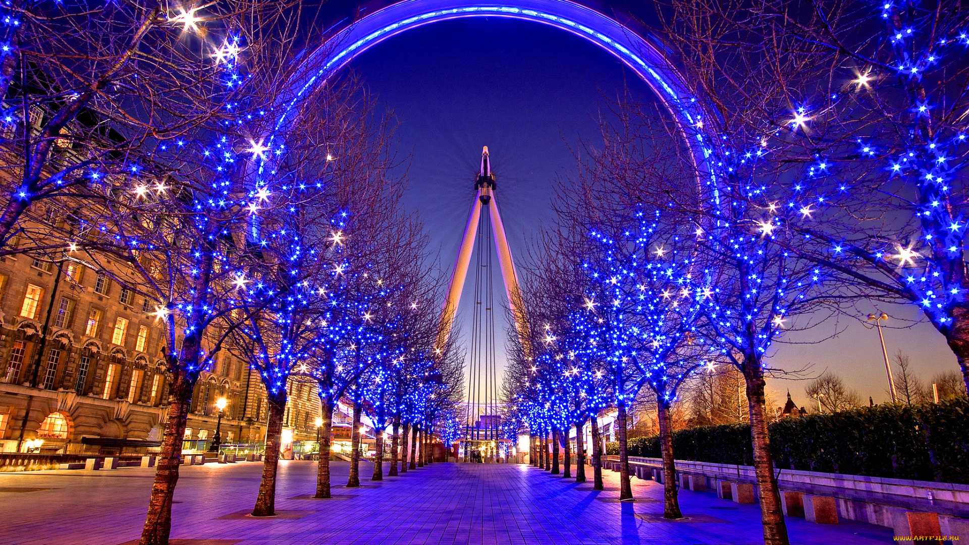 разное, иллюминация, город, улица, аллея, ночь, колесо, обозрения