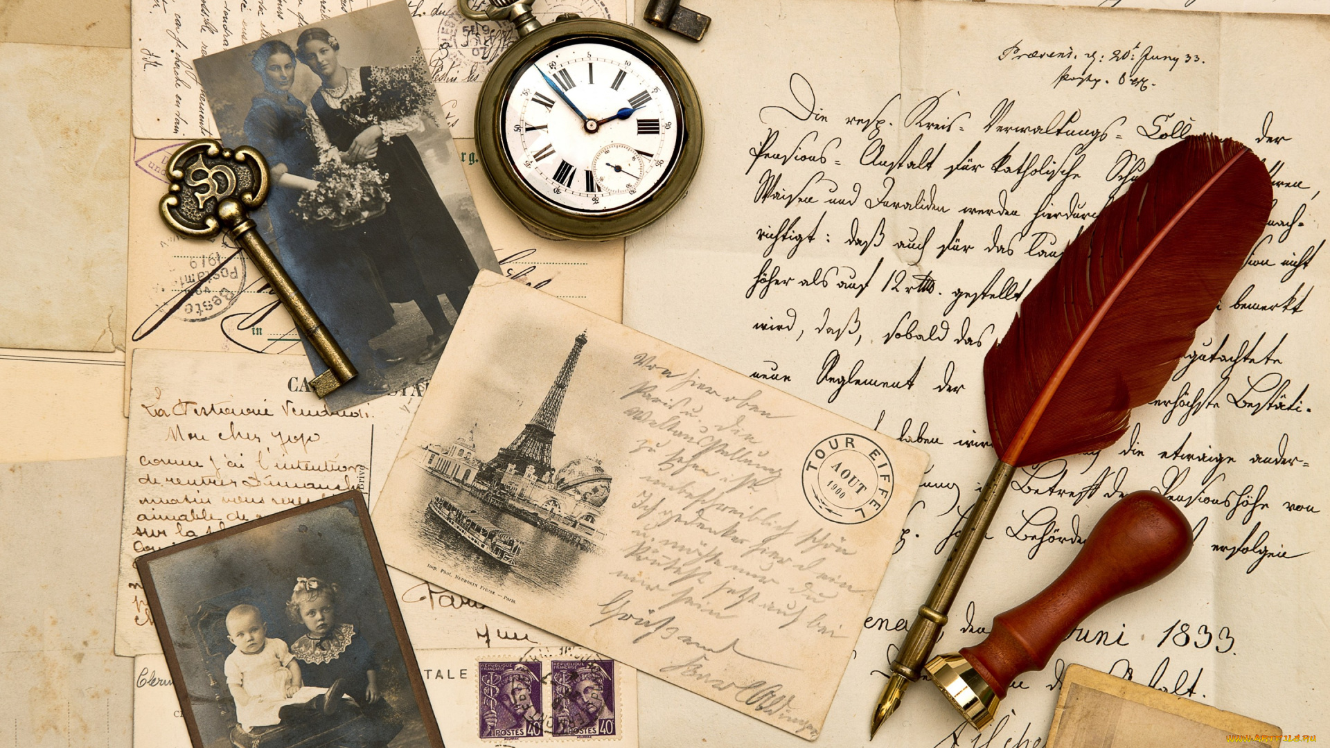 разное, ретро, , винтаж, винтаж, письма, старая, бумага, фотографии, сепия, перо, штемпель, часы, ключ