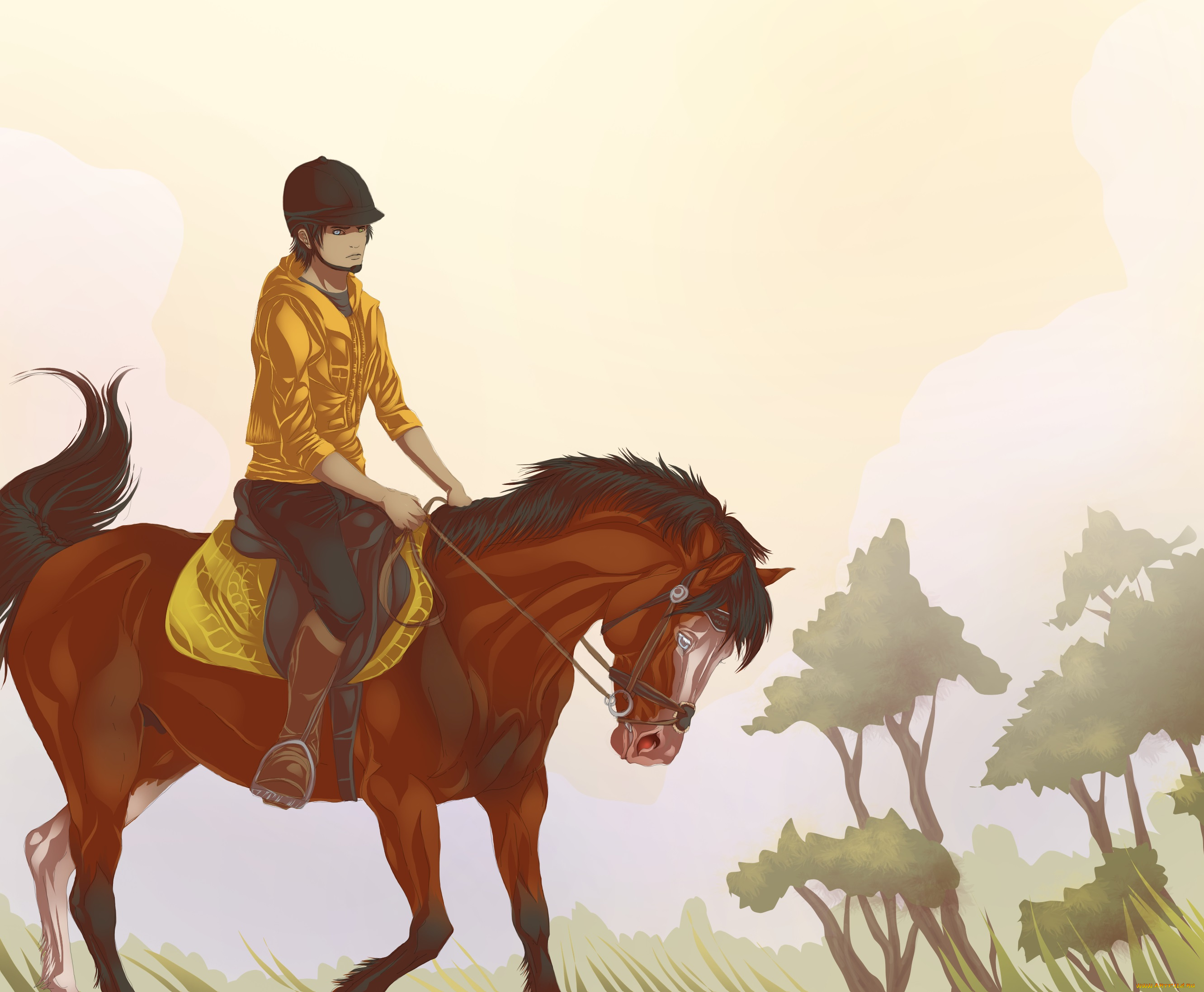 рисованные, животные, , лошади, лошадь, всадник