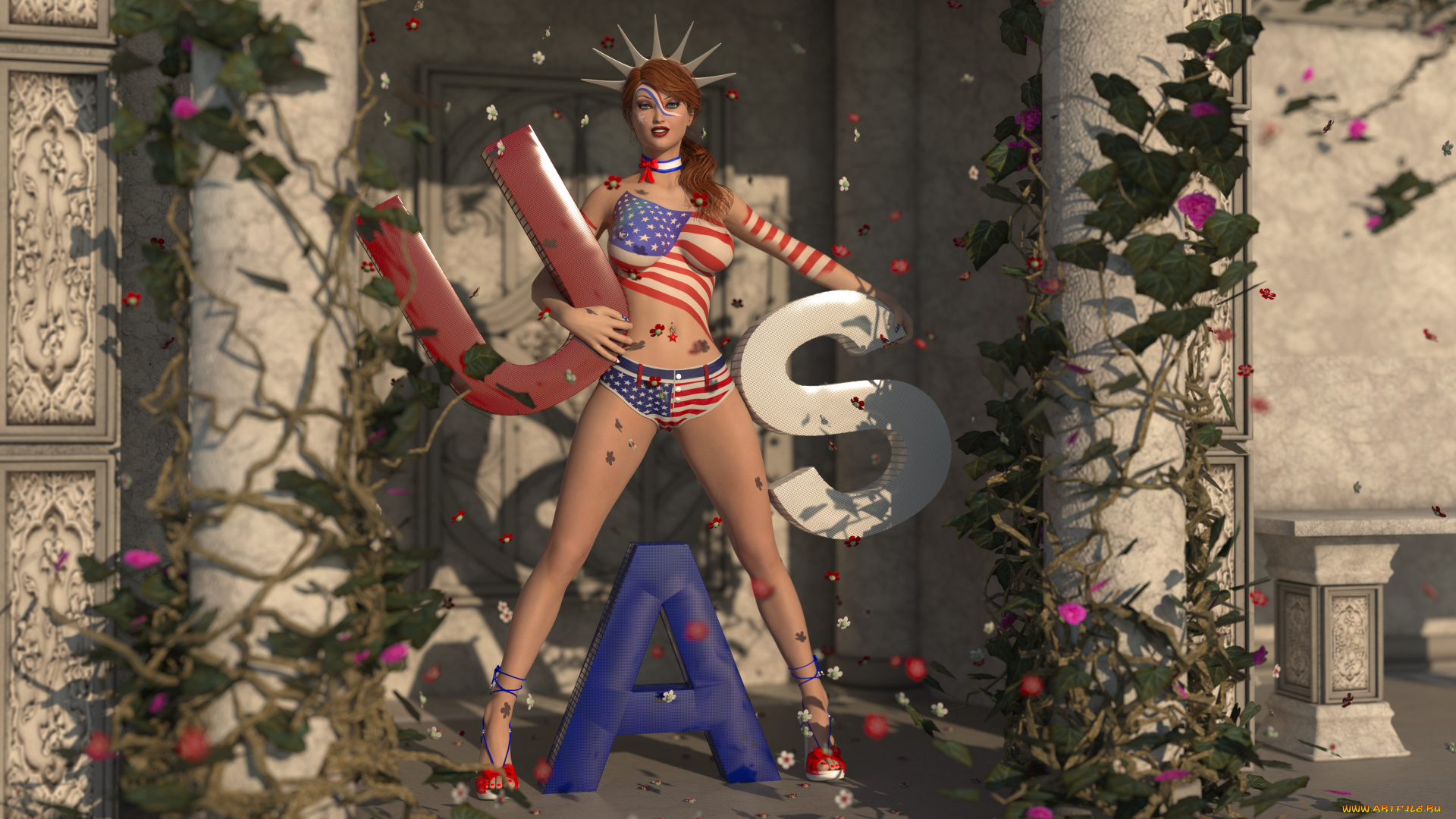 3д, графика, люди, , people, фон, цветы, взгляд, девушка