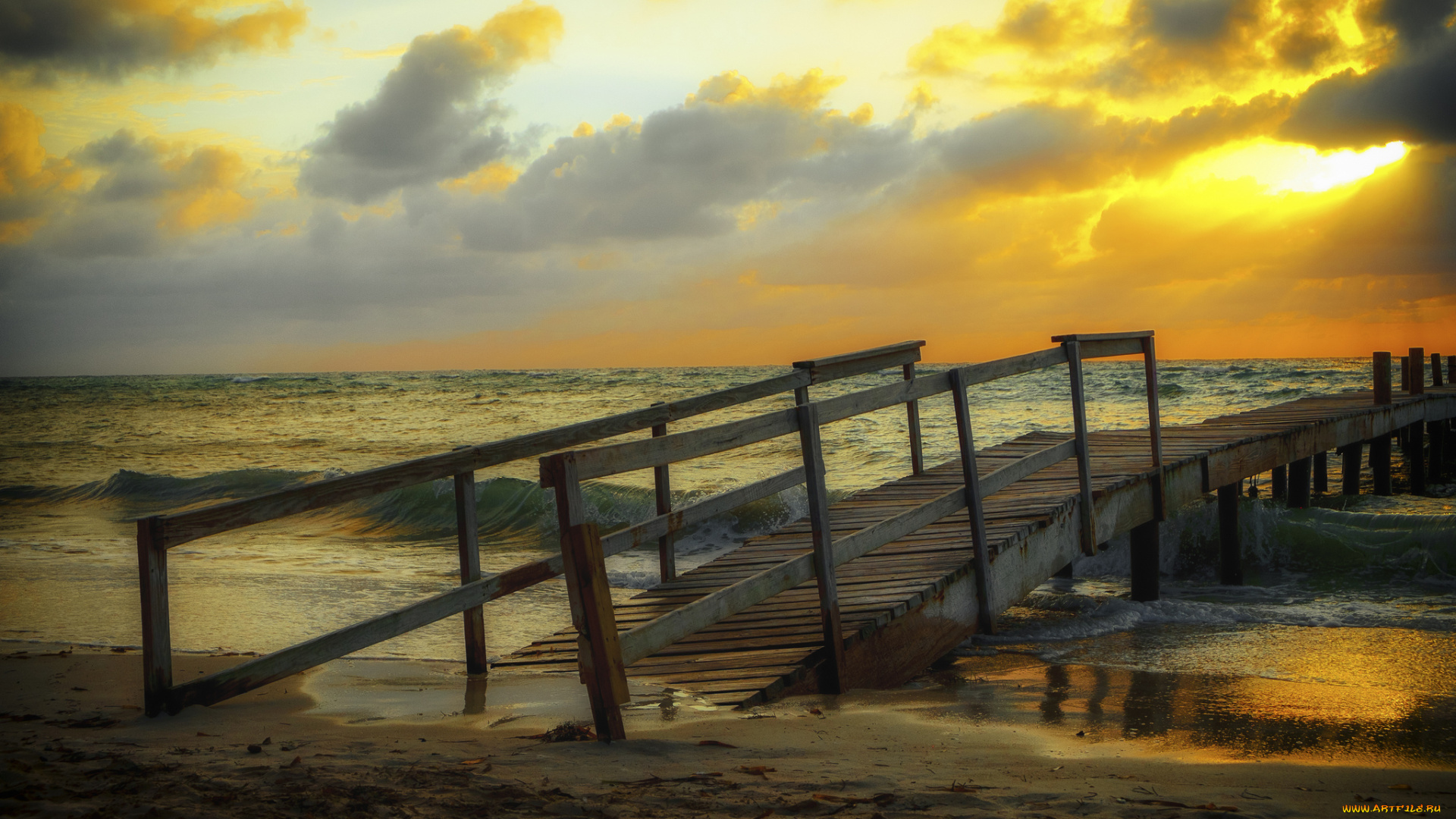 природа, побережье, сумерки, мостик, пляж, океан