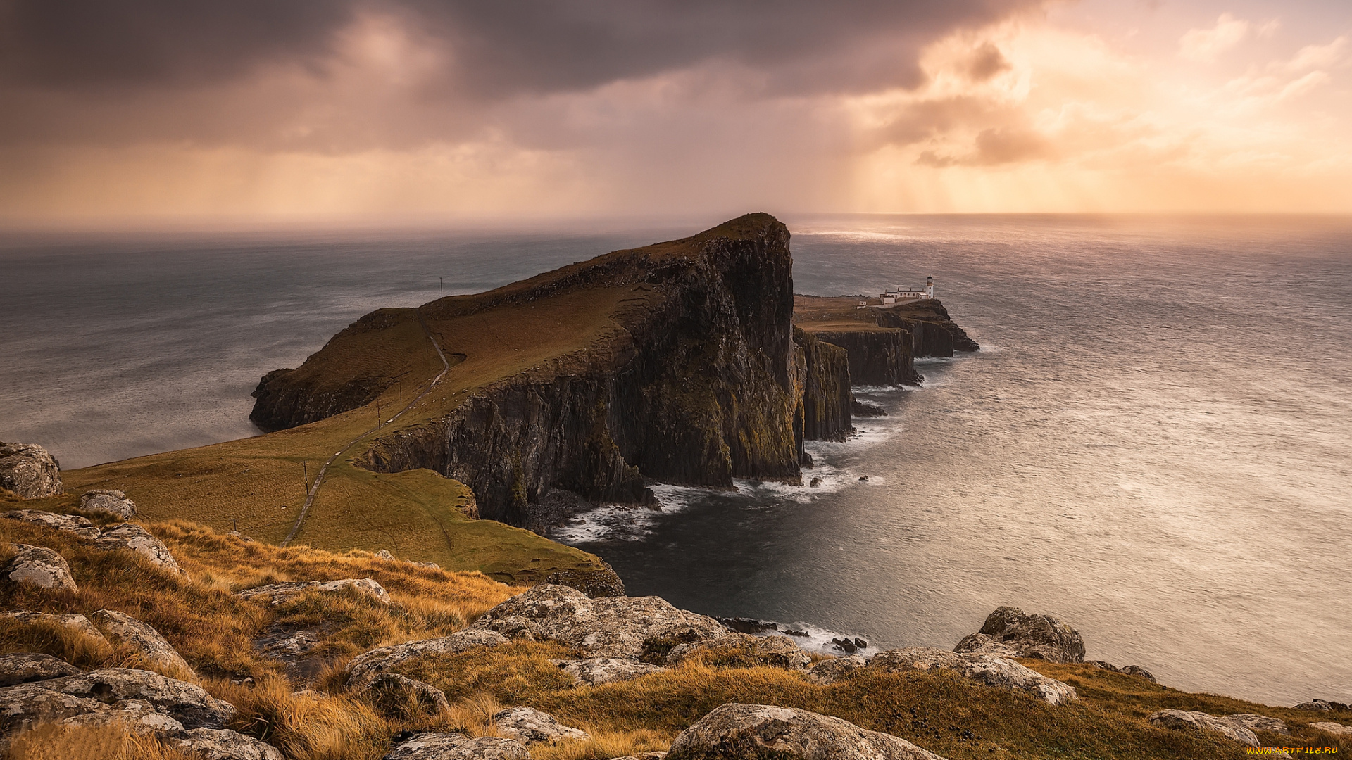 природа, побережье, тучи, горизонт, мыс, океан