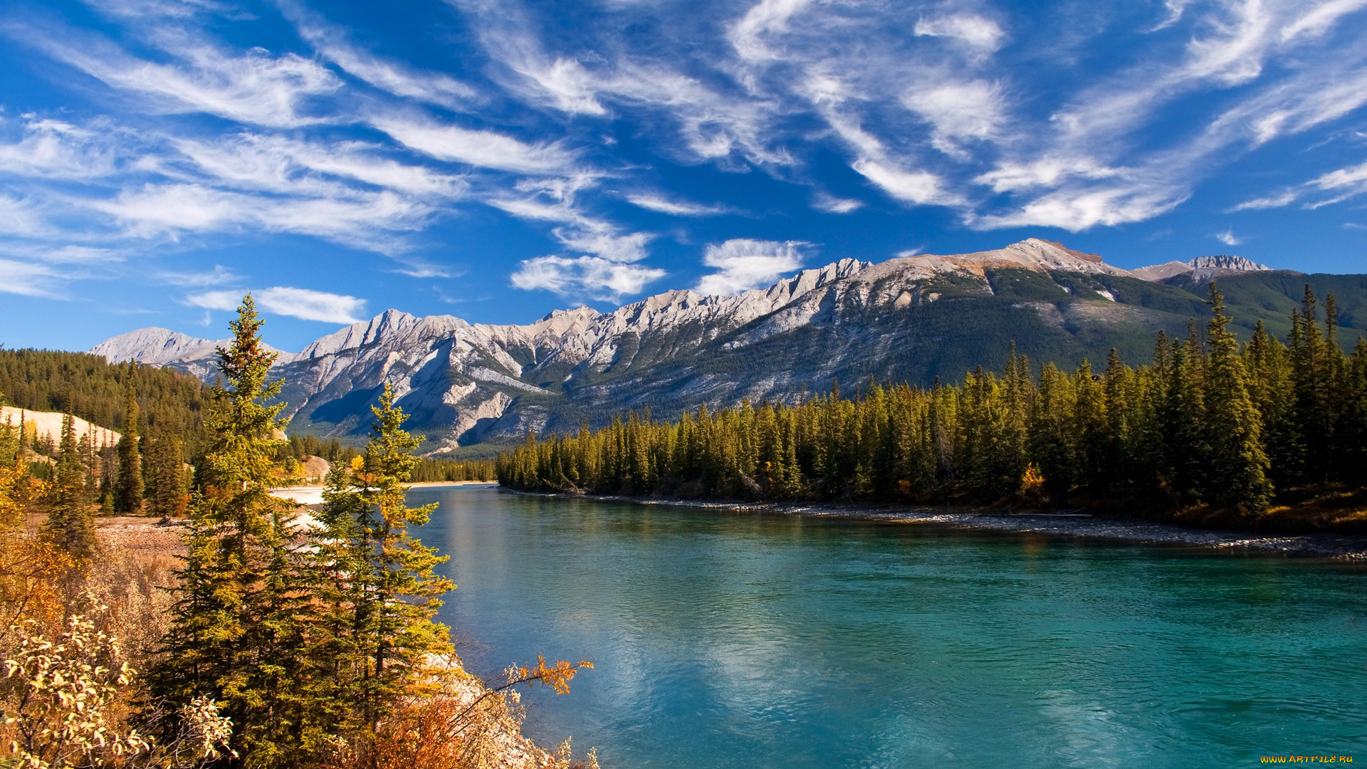 природа, реки, озера, деревья, озеро, снег, ели, лес, осень, горы, небо