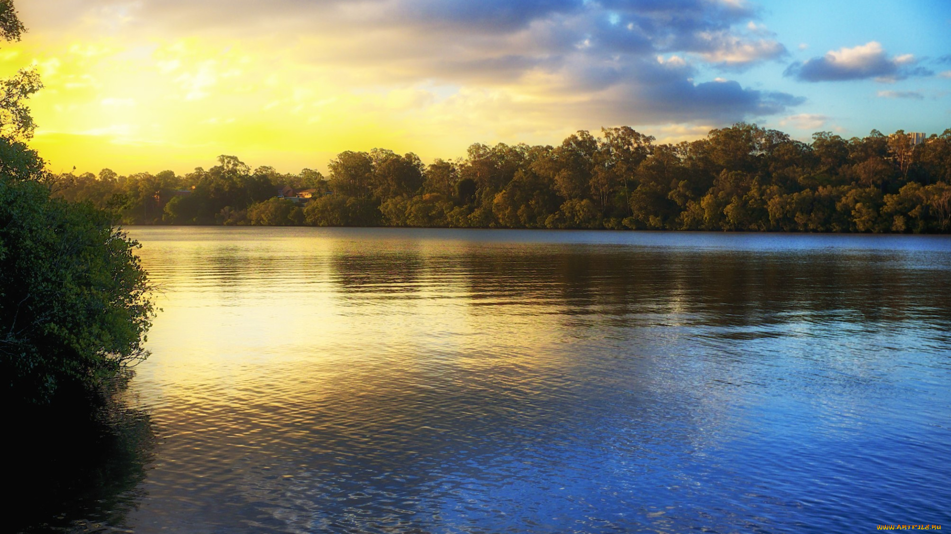 природа, восходы, закаты, пейзаж, вода, отражение, закат, небо, деревья, листья