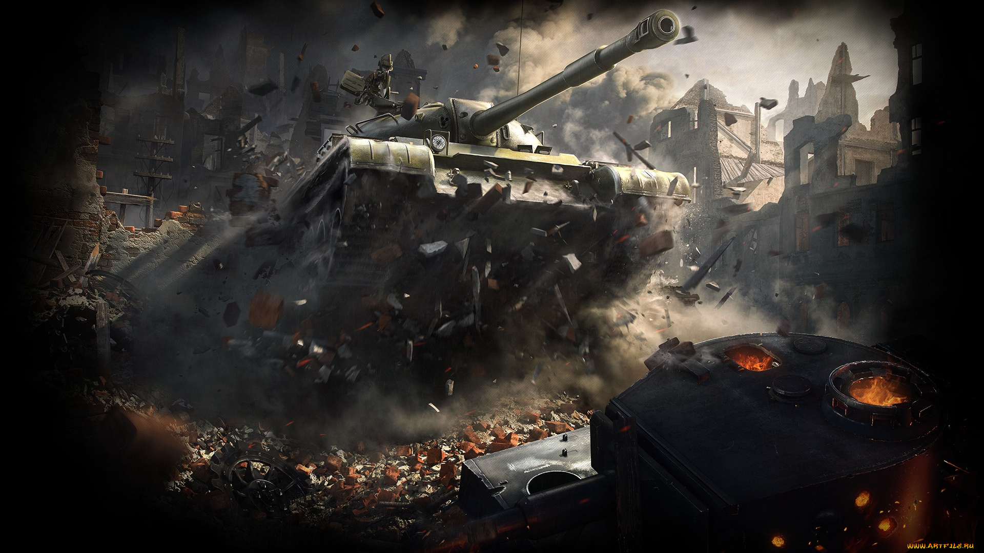 видео, игры, мир, танков, , world, of, tanks, железо, ствол, танки, огонь, пламя, дым, пыль, небо, руины, дома, здание