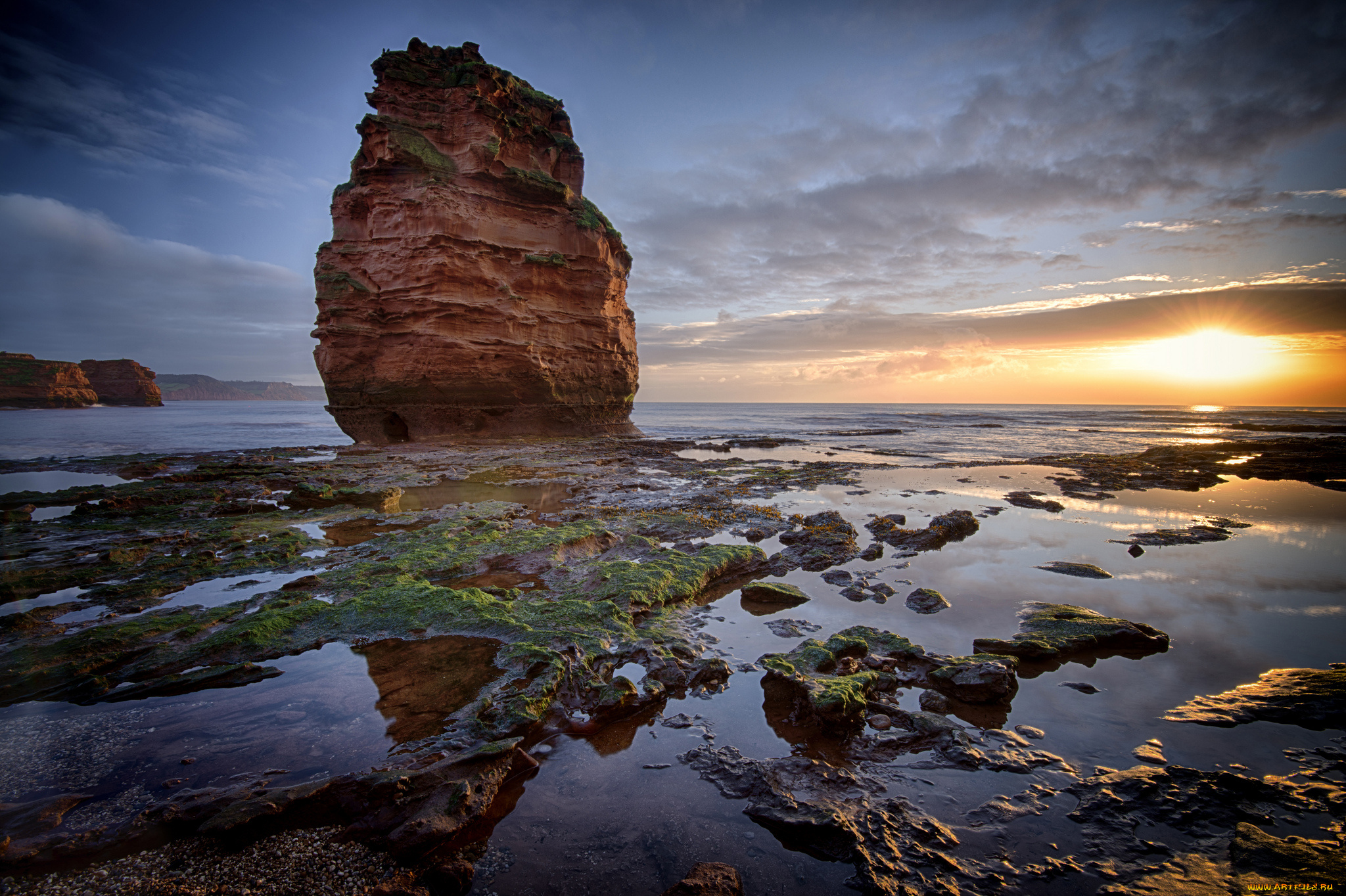природа, восходы, закаты, заря, океан, скала, горизонт