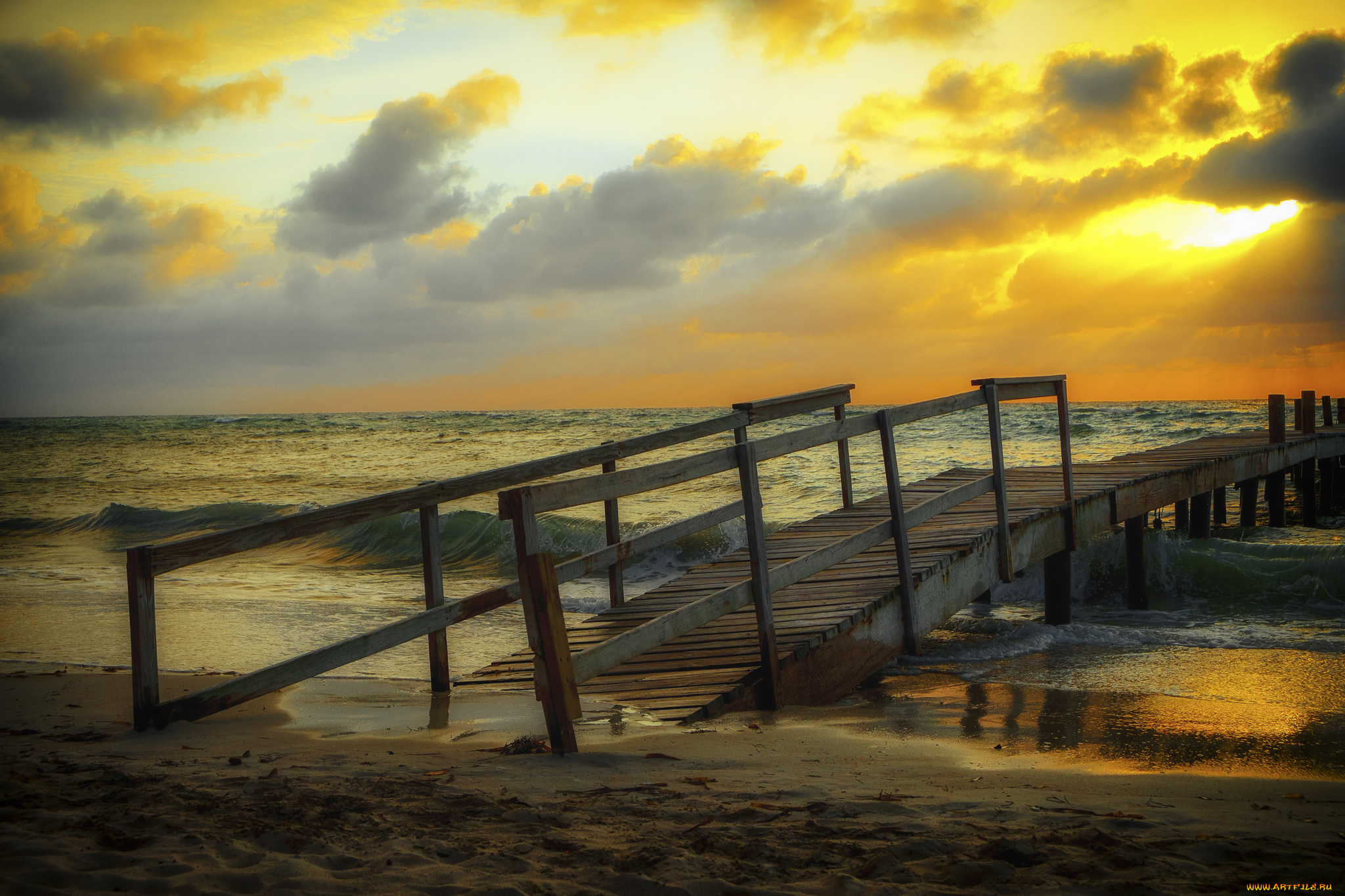 природа, побережье, сумерки, мостик, пляж, океан