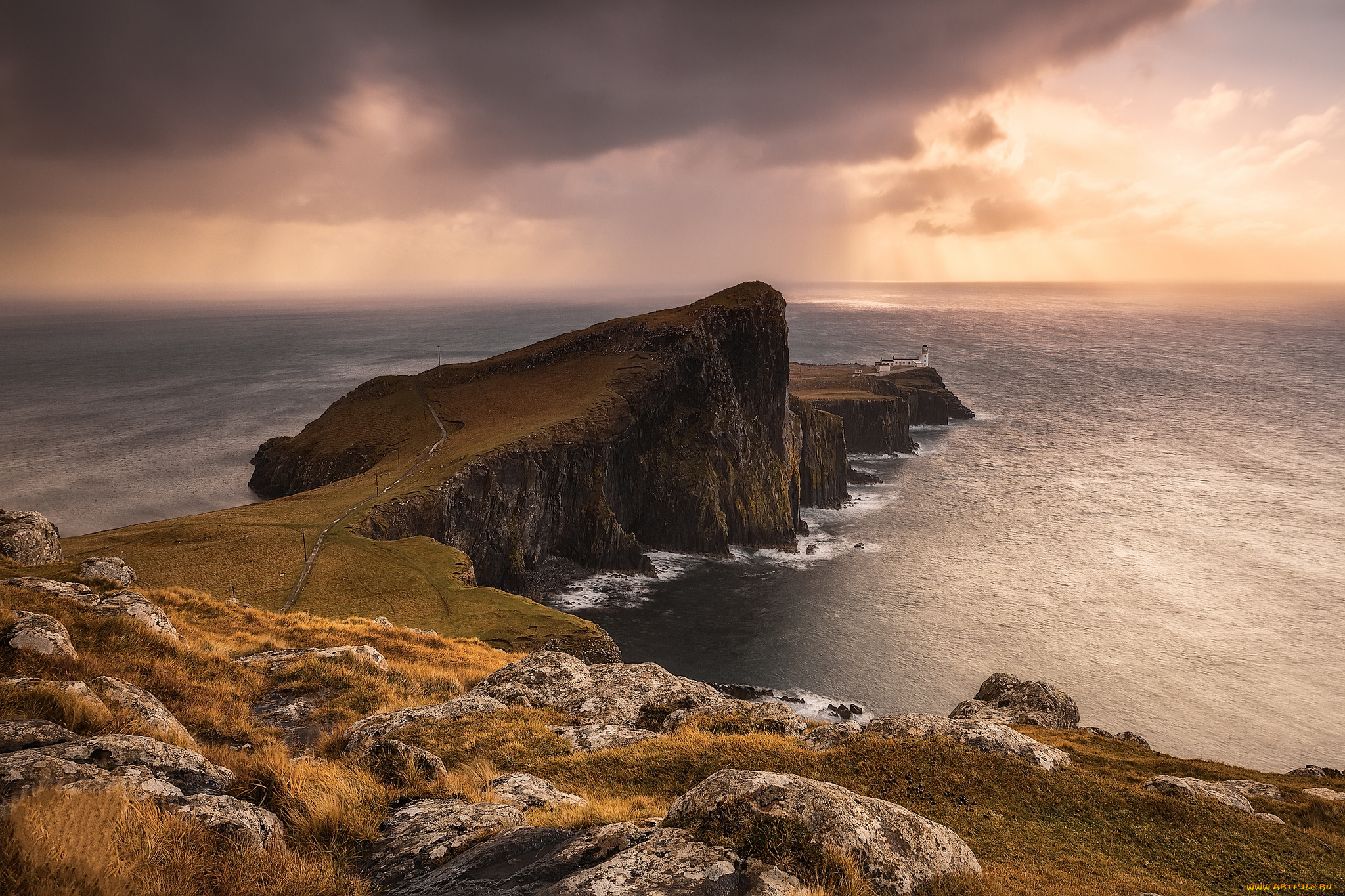 природа, побережье, тучи, горизонт, мыс, океан