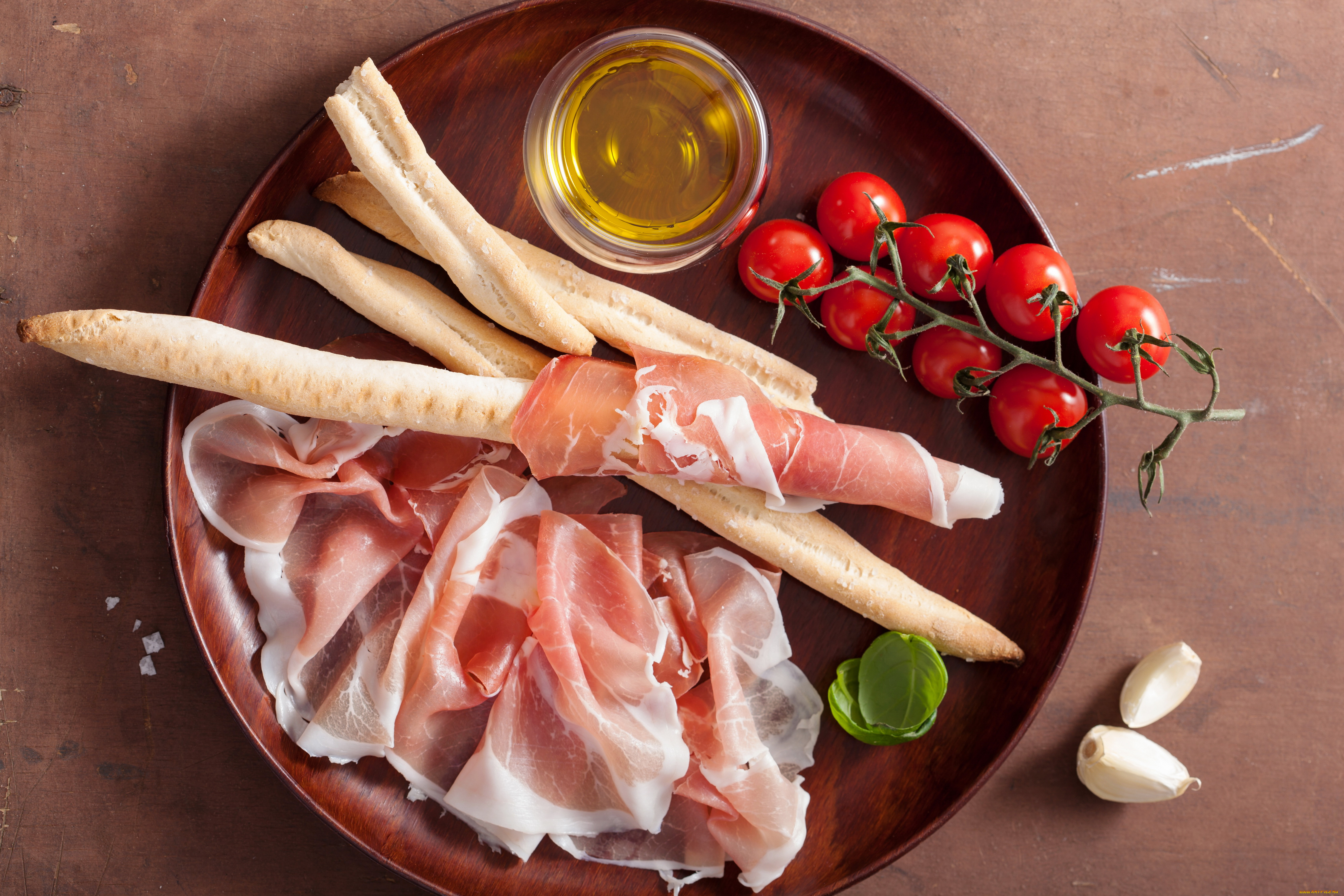 еда, мясные, блюда, чеснок, помидоры, булка, ветчина, томаты