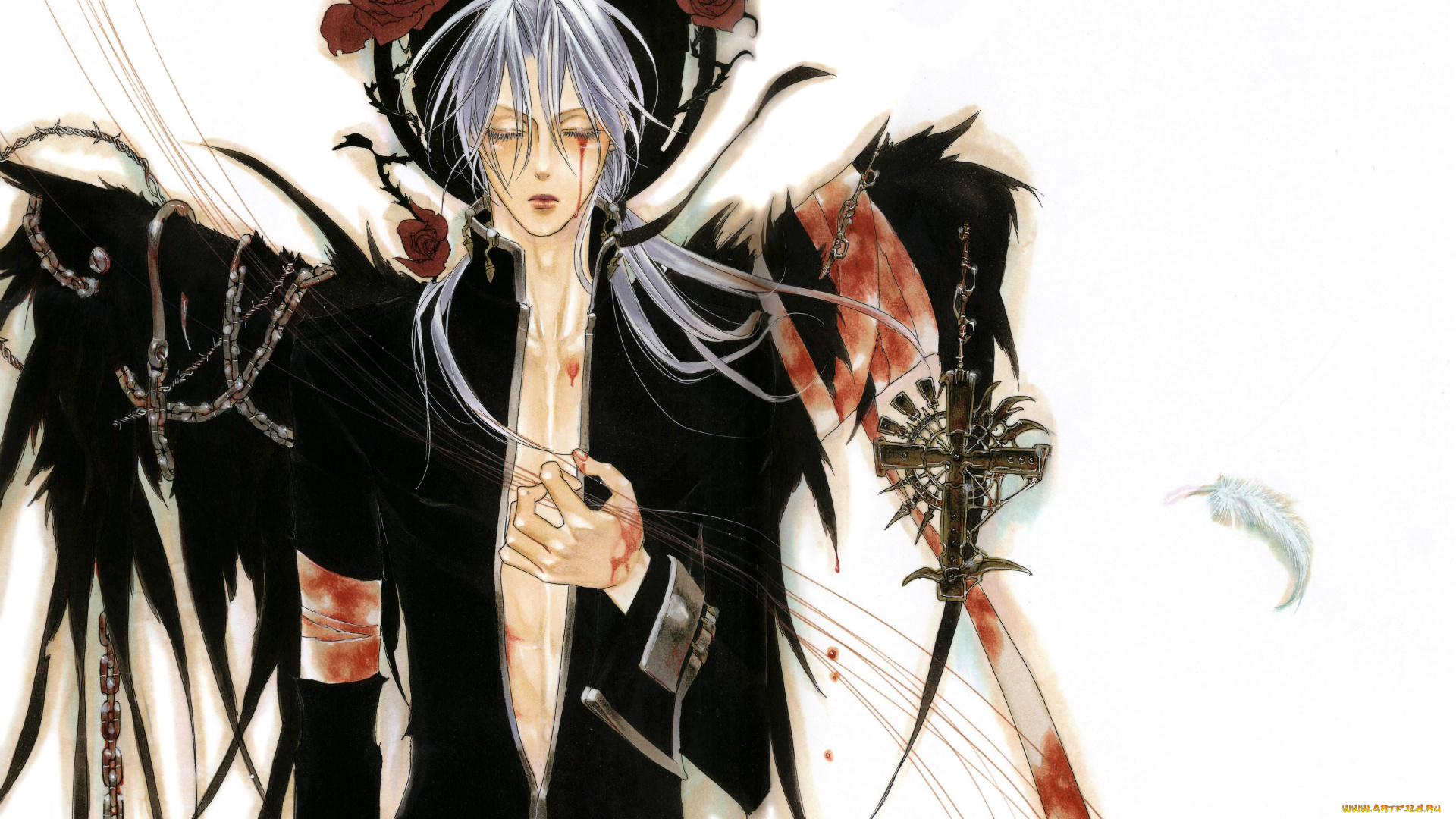 аниме, trinity, blood, черные, крылья, цепи, art, kiyo, kyujyo, кровавые, слезы, крест, проклятие, abel, nightroad, кровь, триединства, trinity, blood