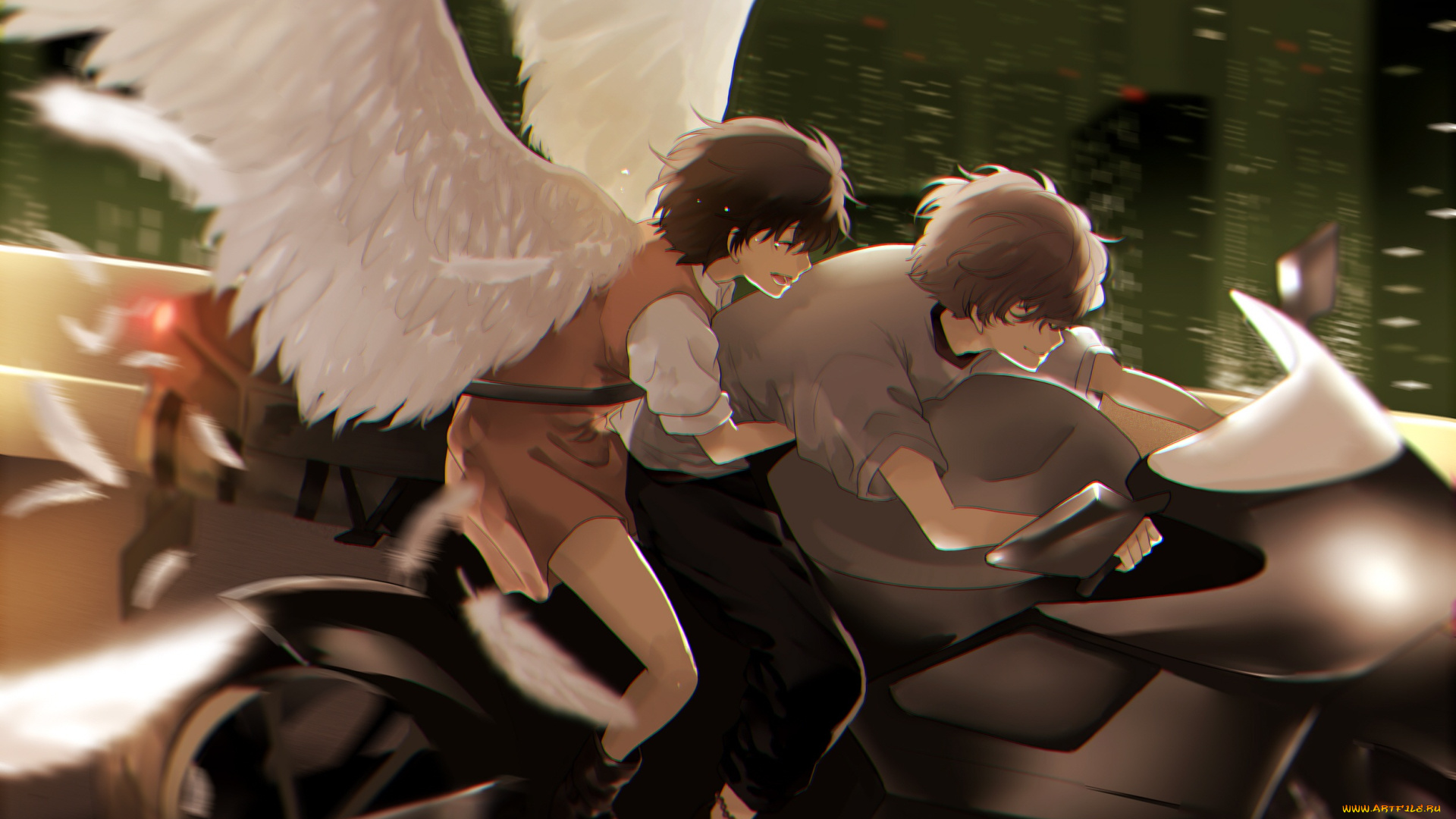 аниме, zankyou, no, terror, город, пара, крылья, мотоцикл, ночь, скорость