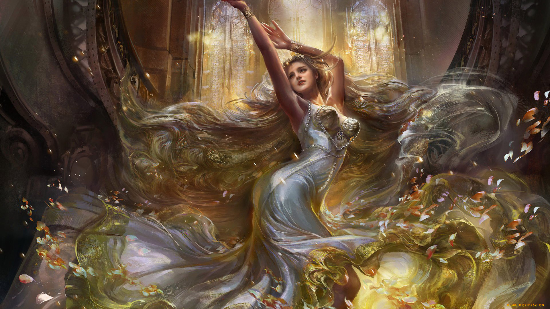 фэнтези, девушки, арт, rong, девушка, лотос, лепестки