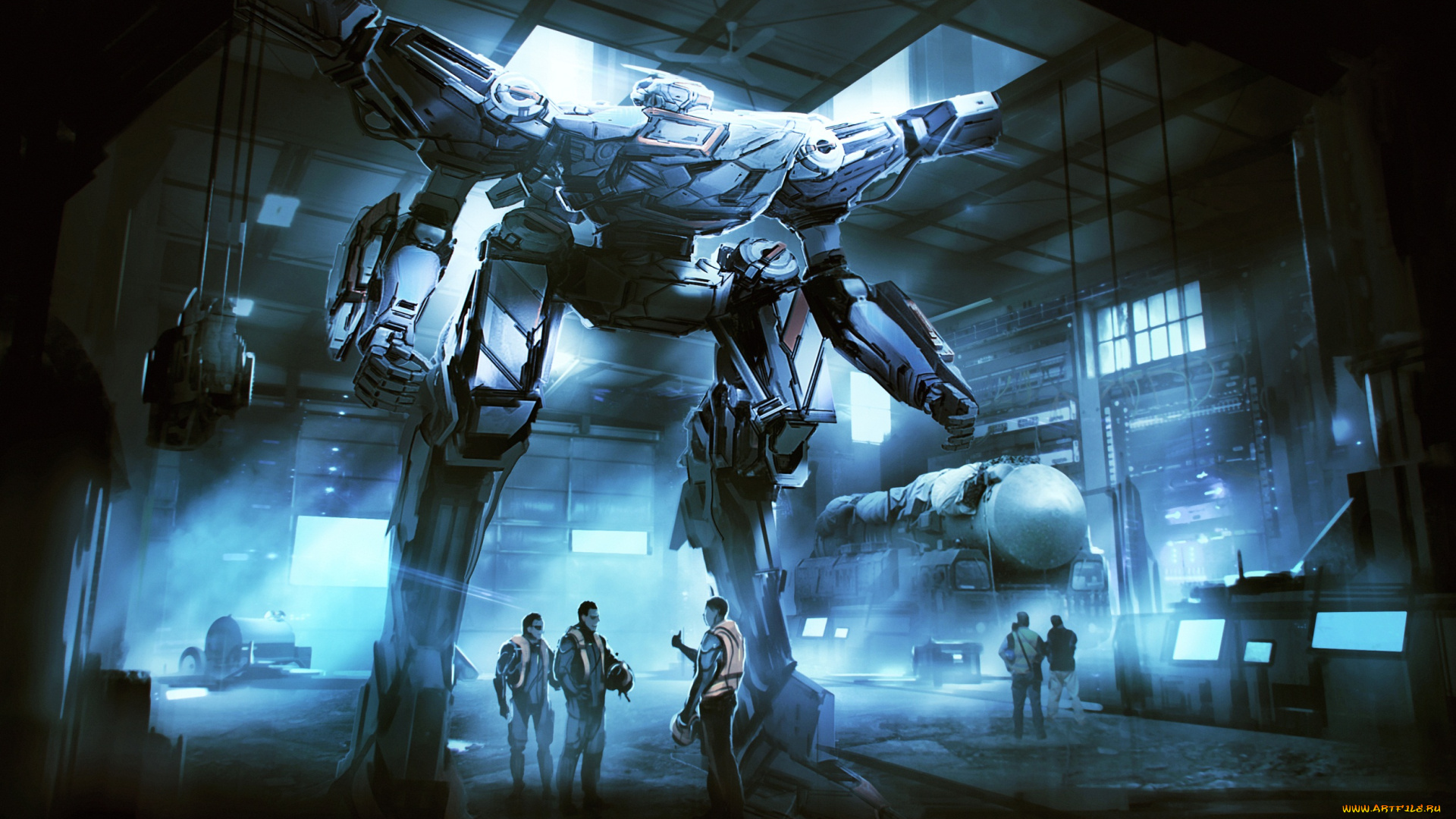 фэнтези, роботы, , киборги, , механизмы, люди, арт, пилот, оружие, ангар, фантастика, робот