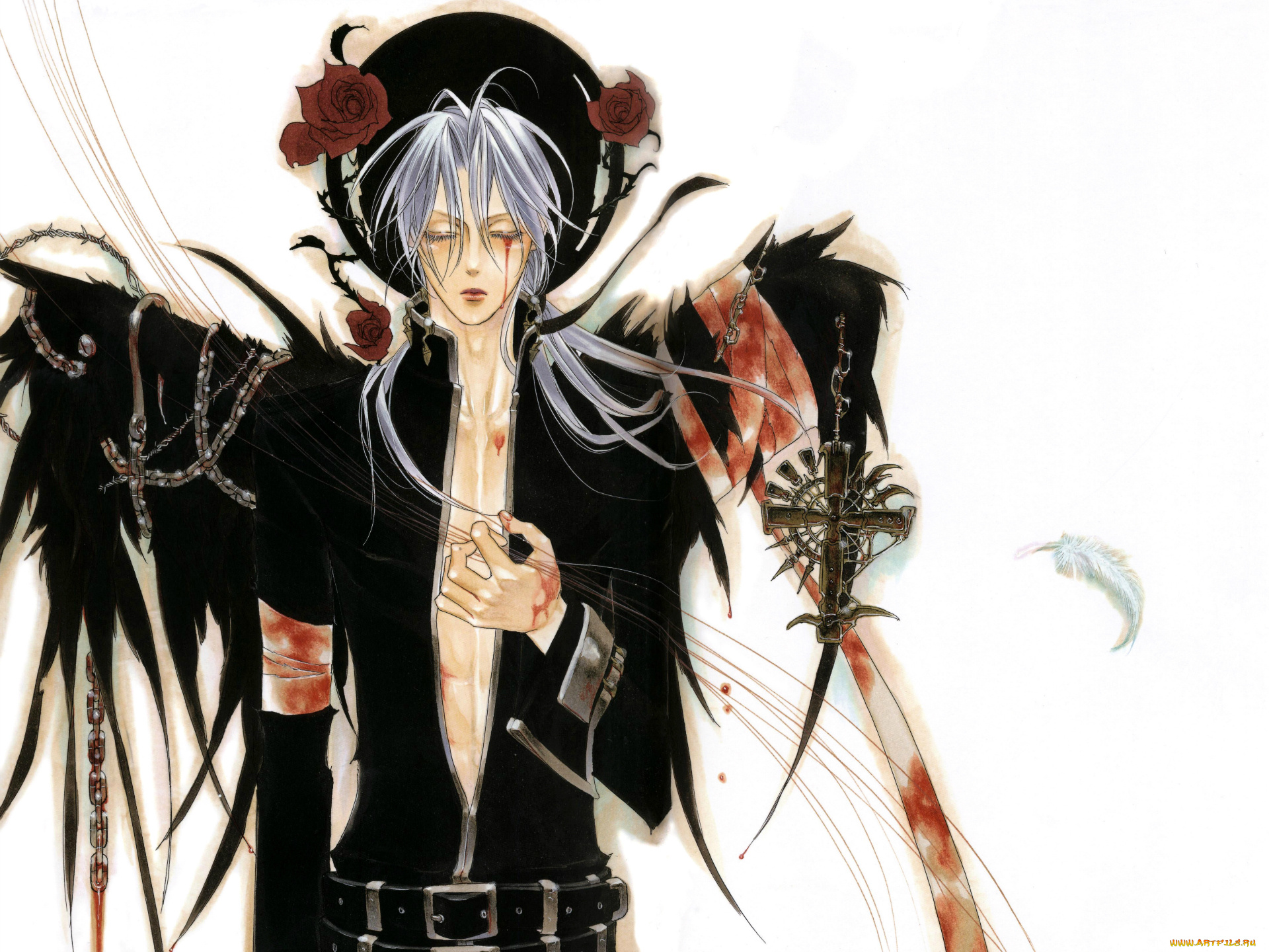 аниме, trinity, blood, черные, крылья, цепи, art, kiyo, kyujyo, кровавые, слезы, крест, проклятие, abel, nightroad, кровь, триединства, trinity, blood