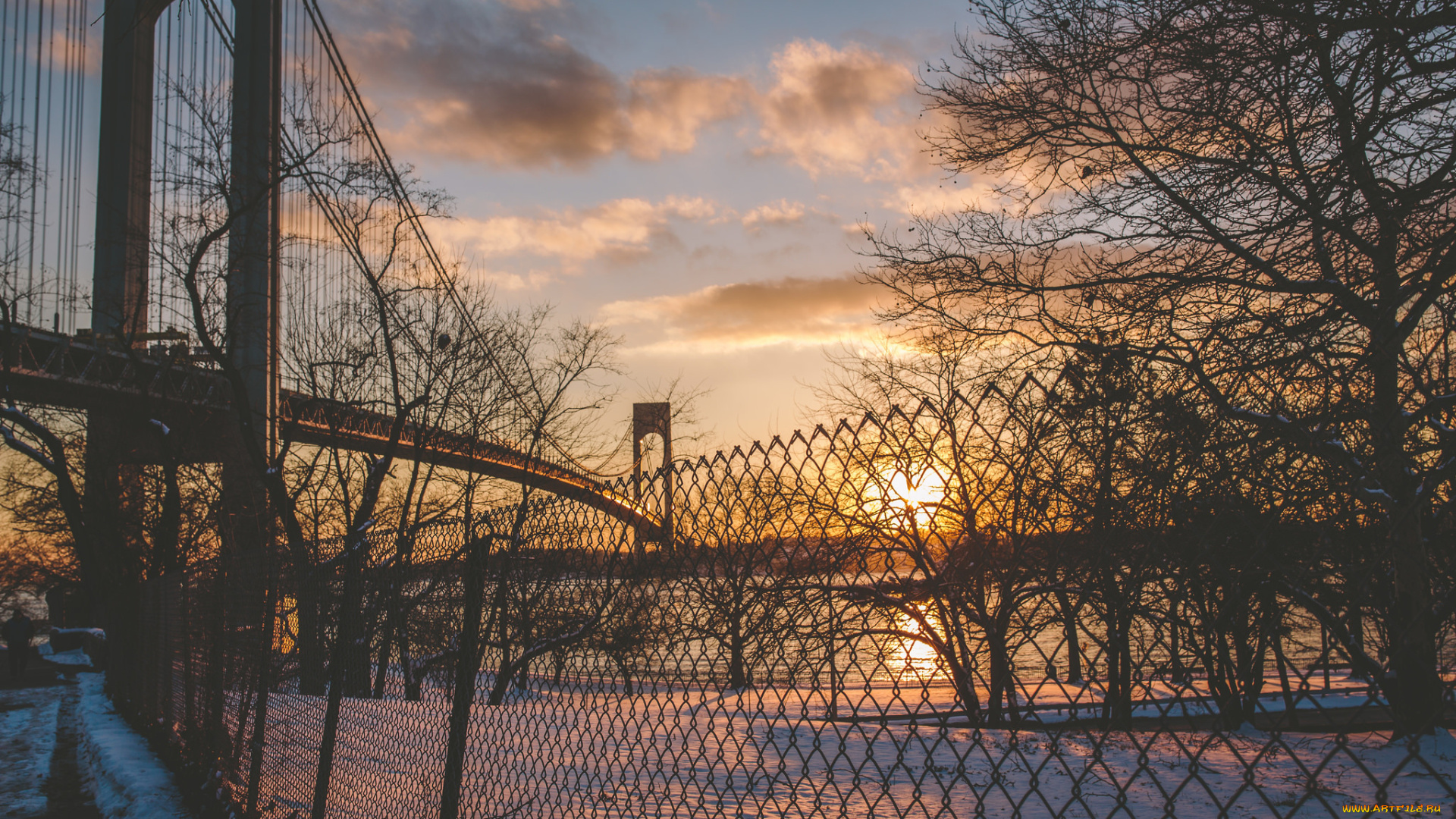 города, -, мосты, снег, бронкс-уайтстон, моста, зима, бронкс, нью-йорк, ист-ривер, соединенные, штаты, забор, квинс, лонг-айленд, солнце, река, облака, закат