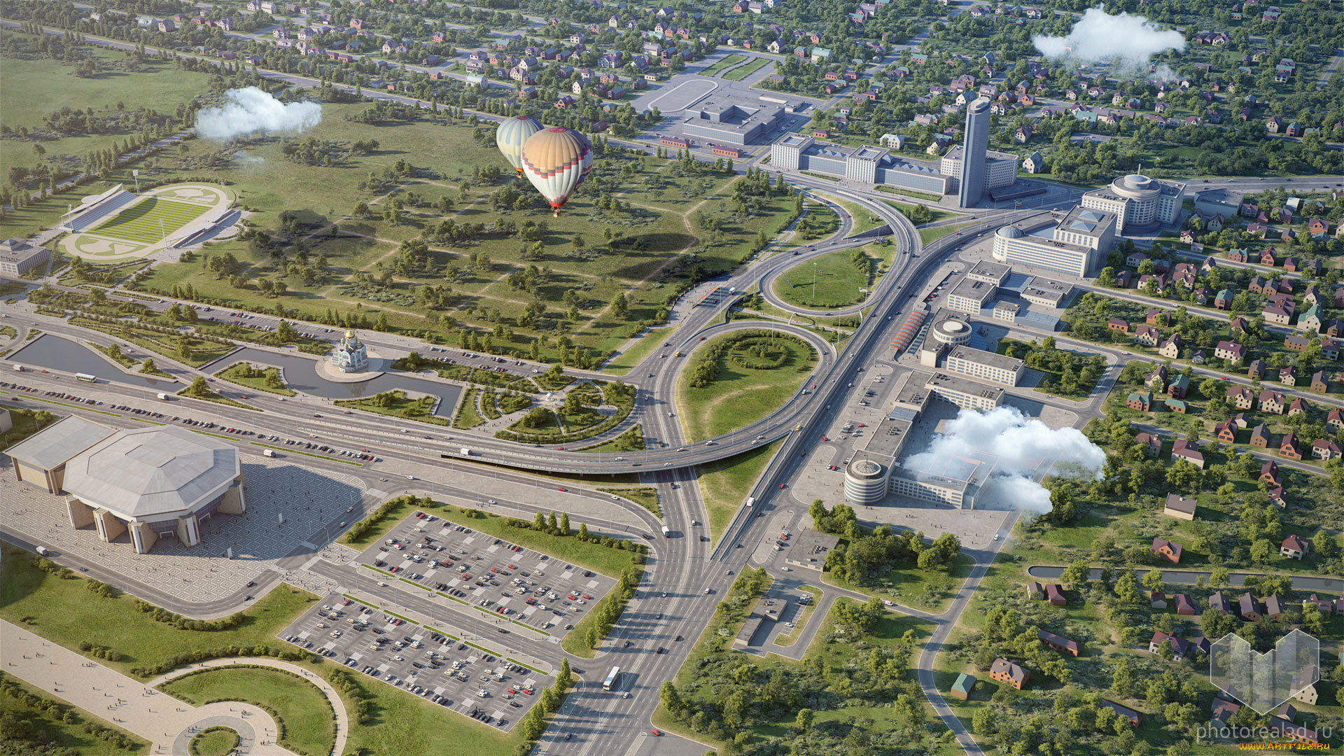 города, -, панорамы, небо, машины, краснодарский, край, шар, город, облака, краснодар, баскет, холл, высота, дорога