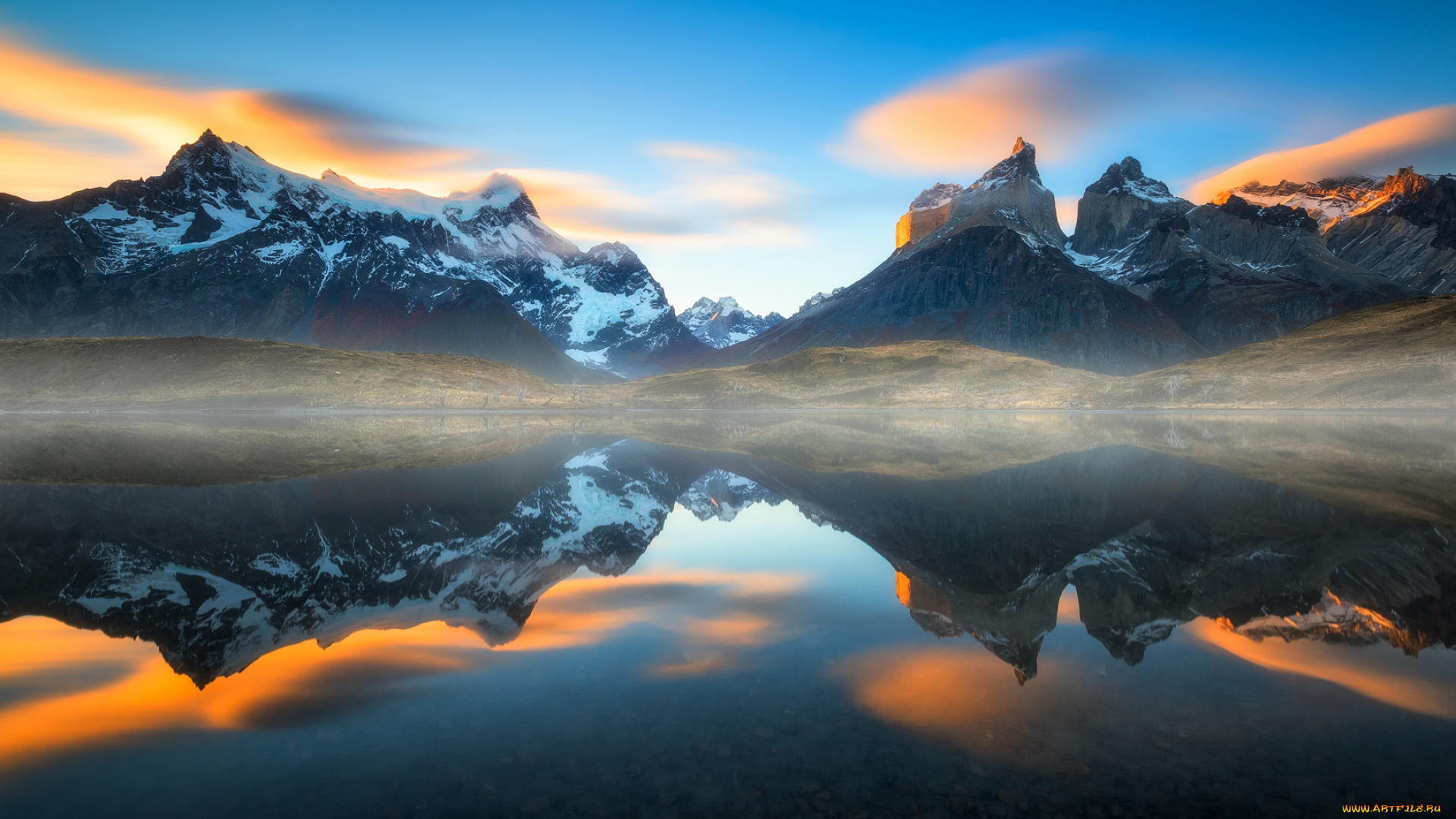 природа, горы, Чили, патагония, анды, в, парке, торрес-дель-пайне, отражаются, воде