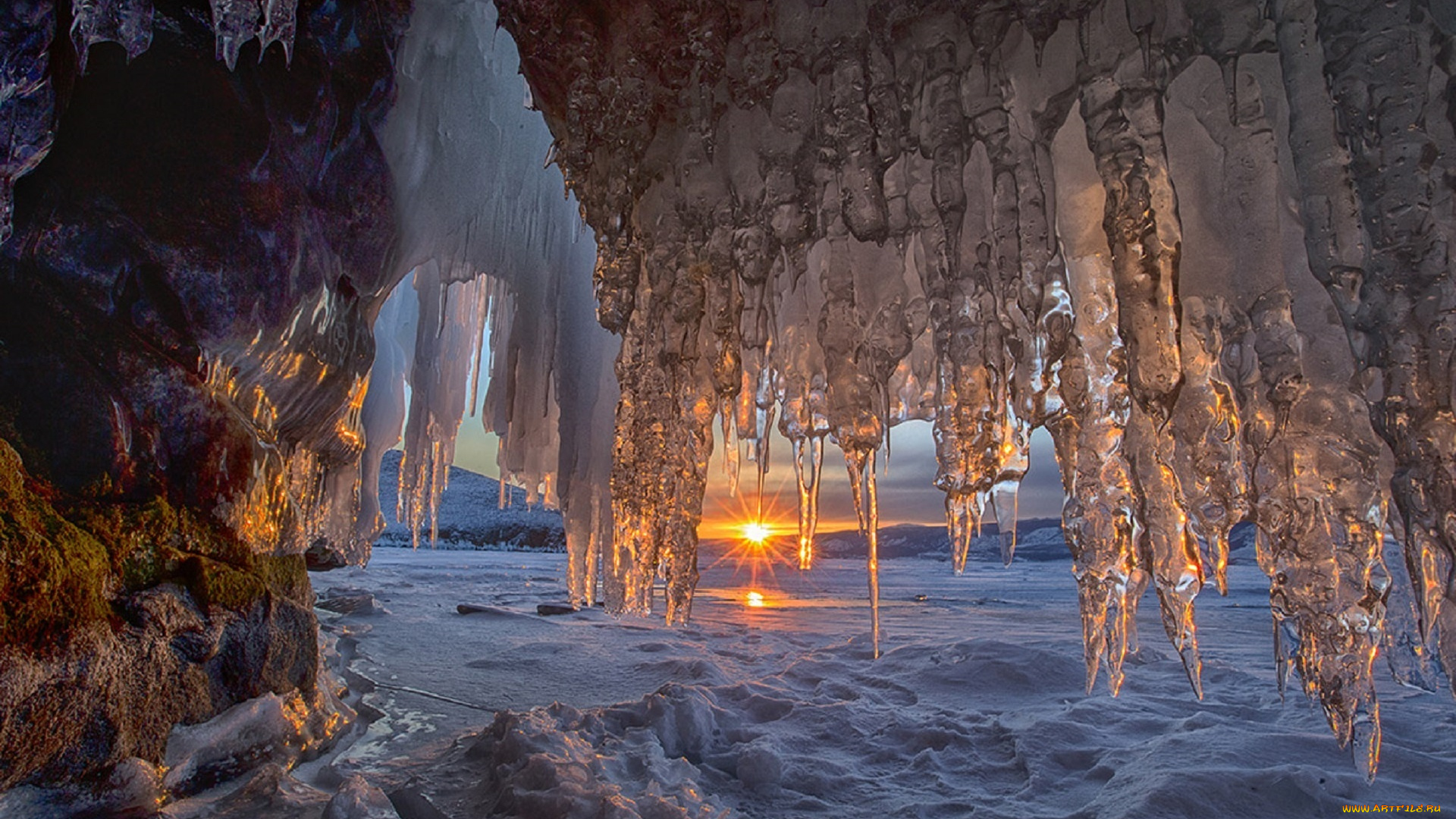 природа, восходы, закаты, лед, грот, сосульки, закат, холодный, свет, андрей, ершов