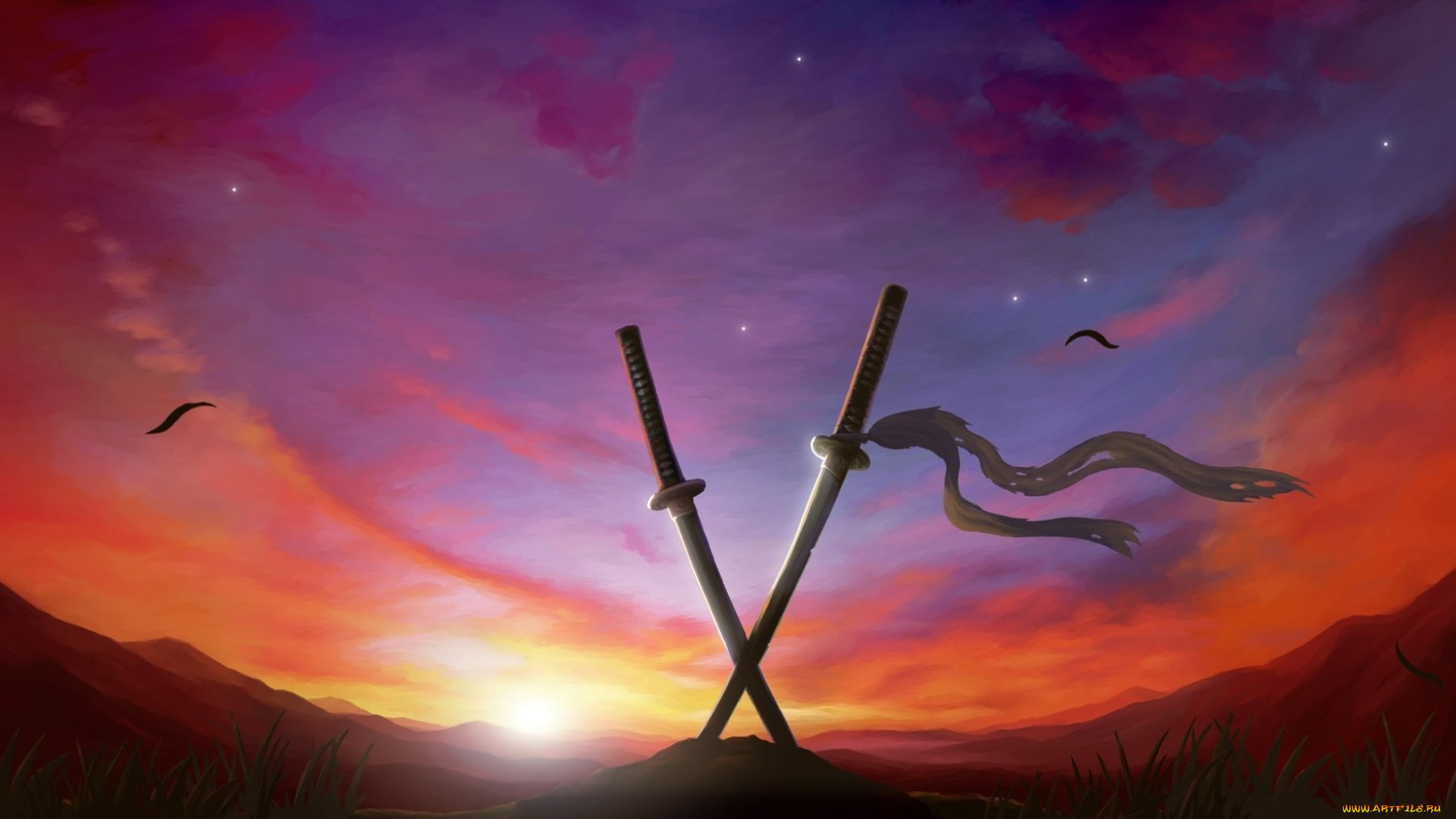 аниме, оружие, , техника, , технологии, небо, закат, мечи, катаны