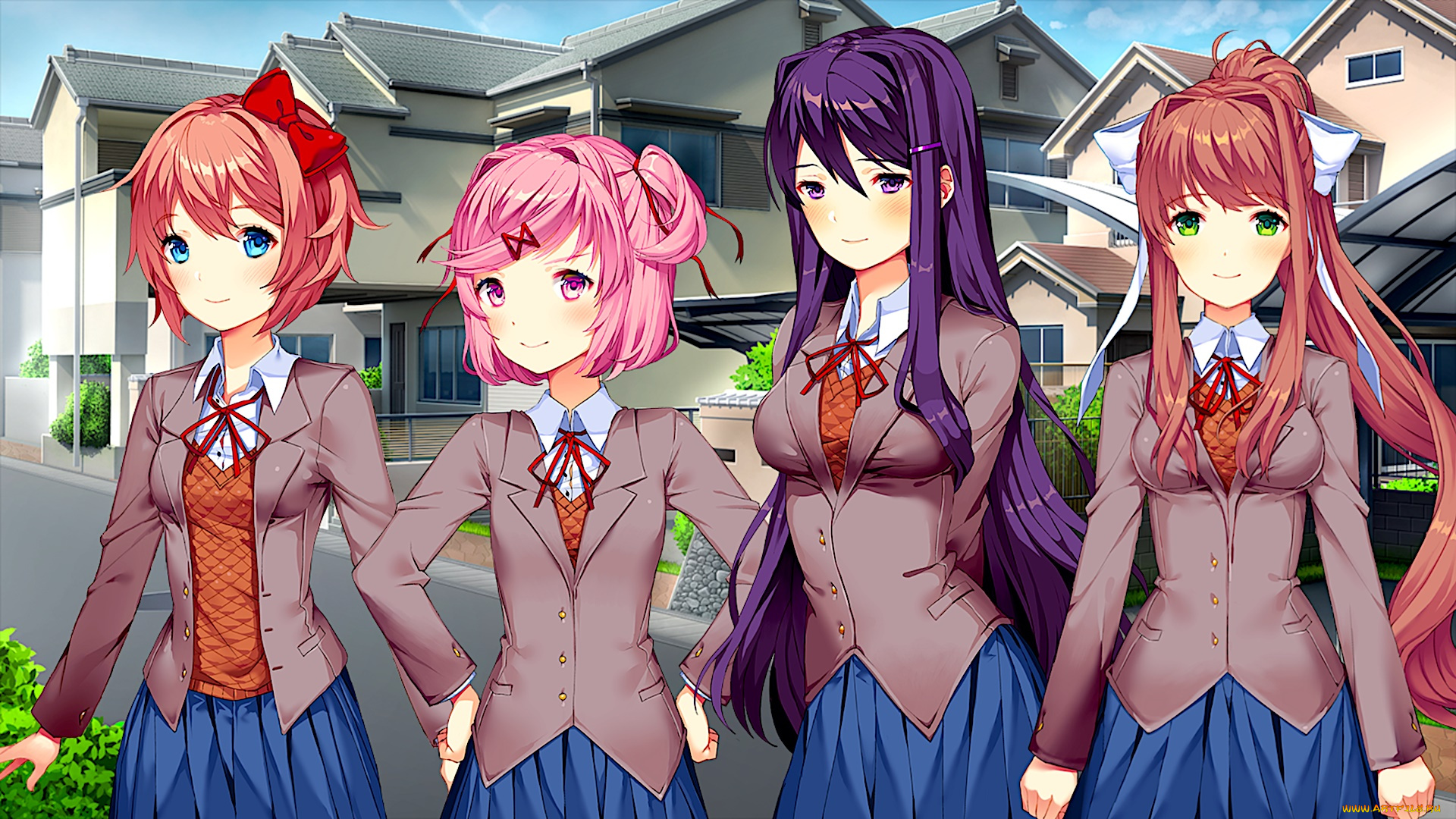 doki, doki, literature, club, аниме, взгляд, девушки, фон