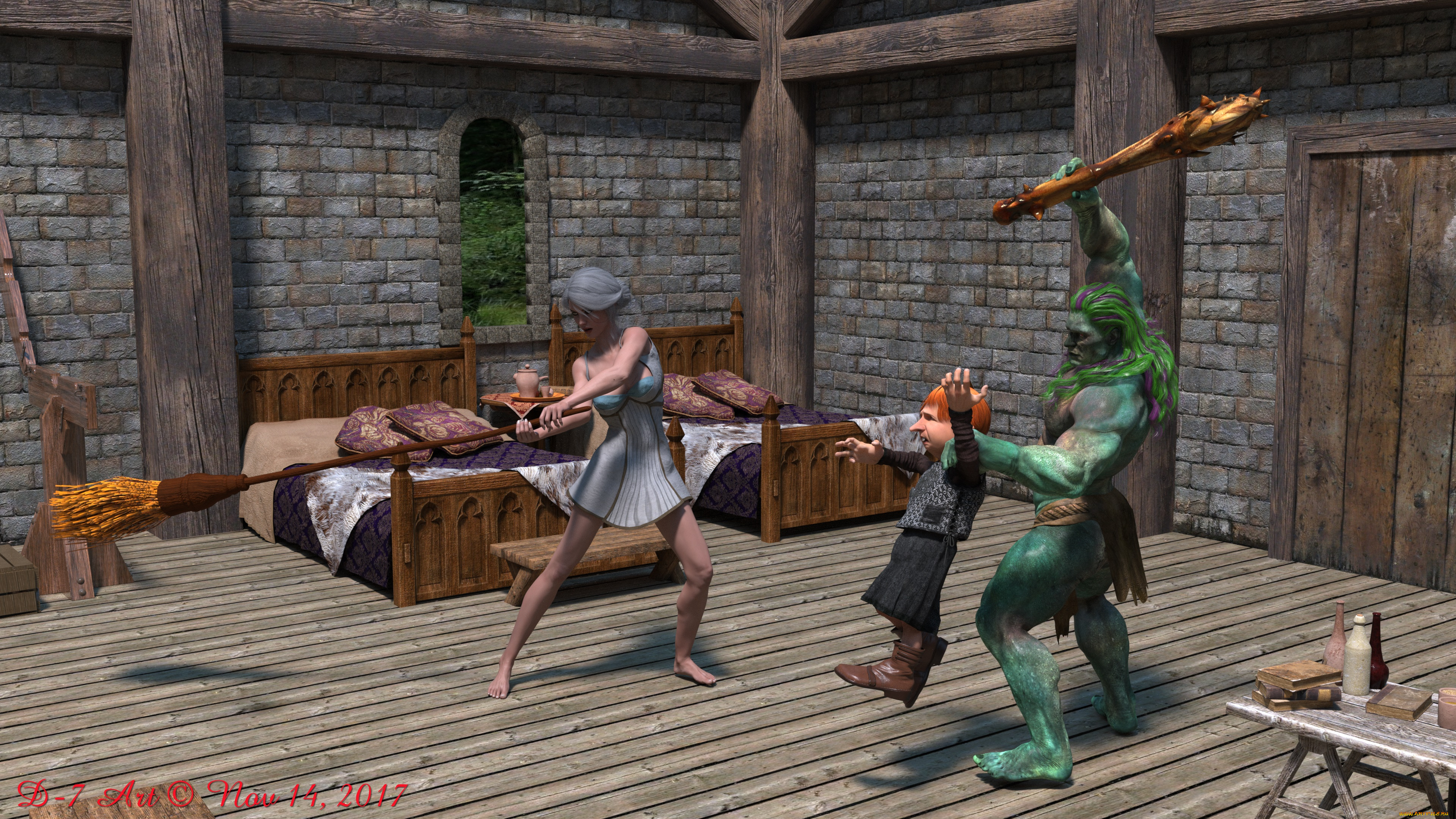 ciri, and, the, dwarfs, 3д, графика, фантазия, , fantasy, фон, девушка, взгляд