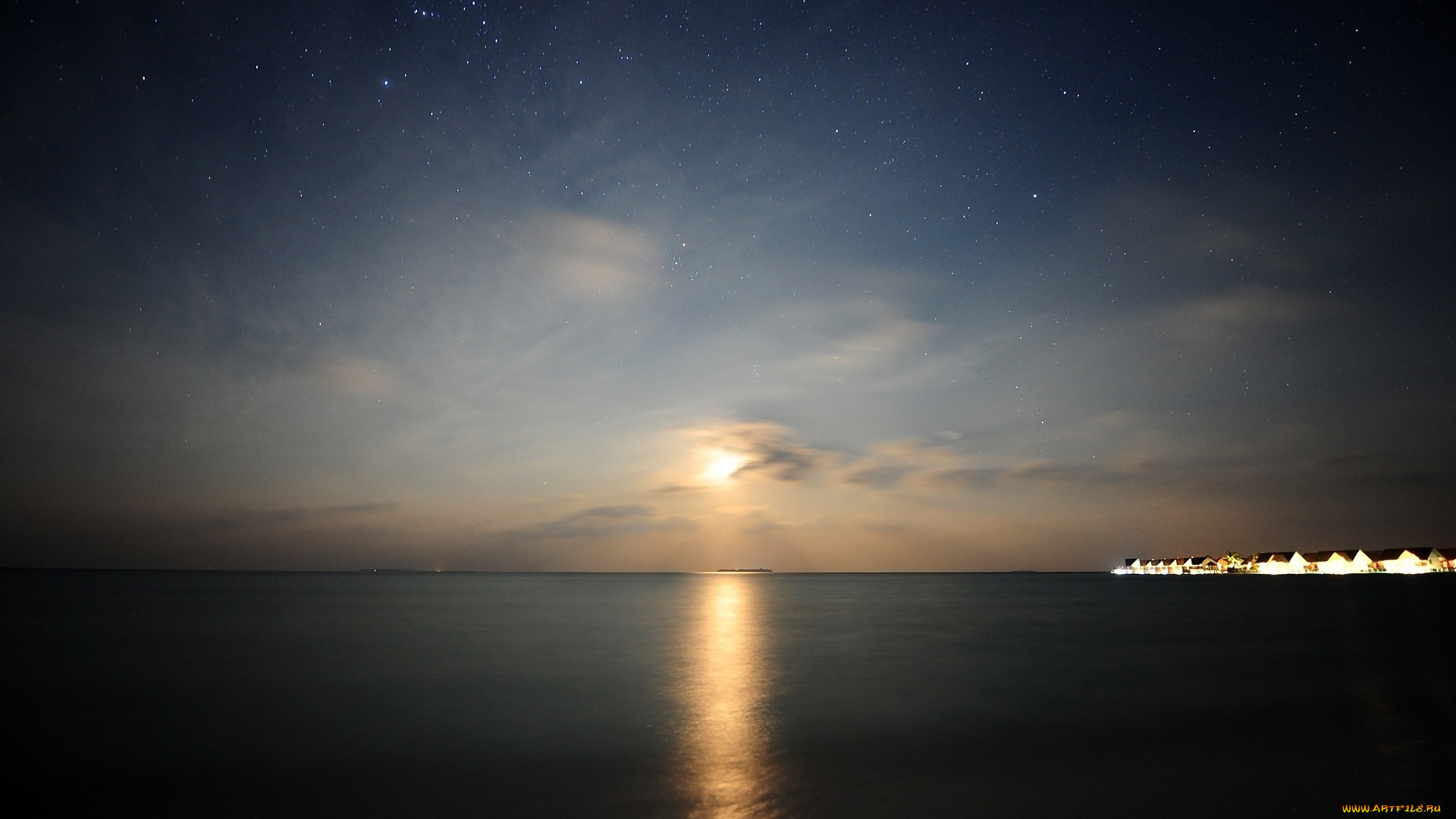 природа, моря, океаны, море, облака, луна, небо, звезды, дома, огни