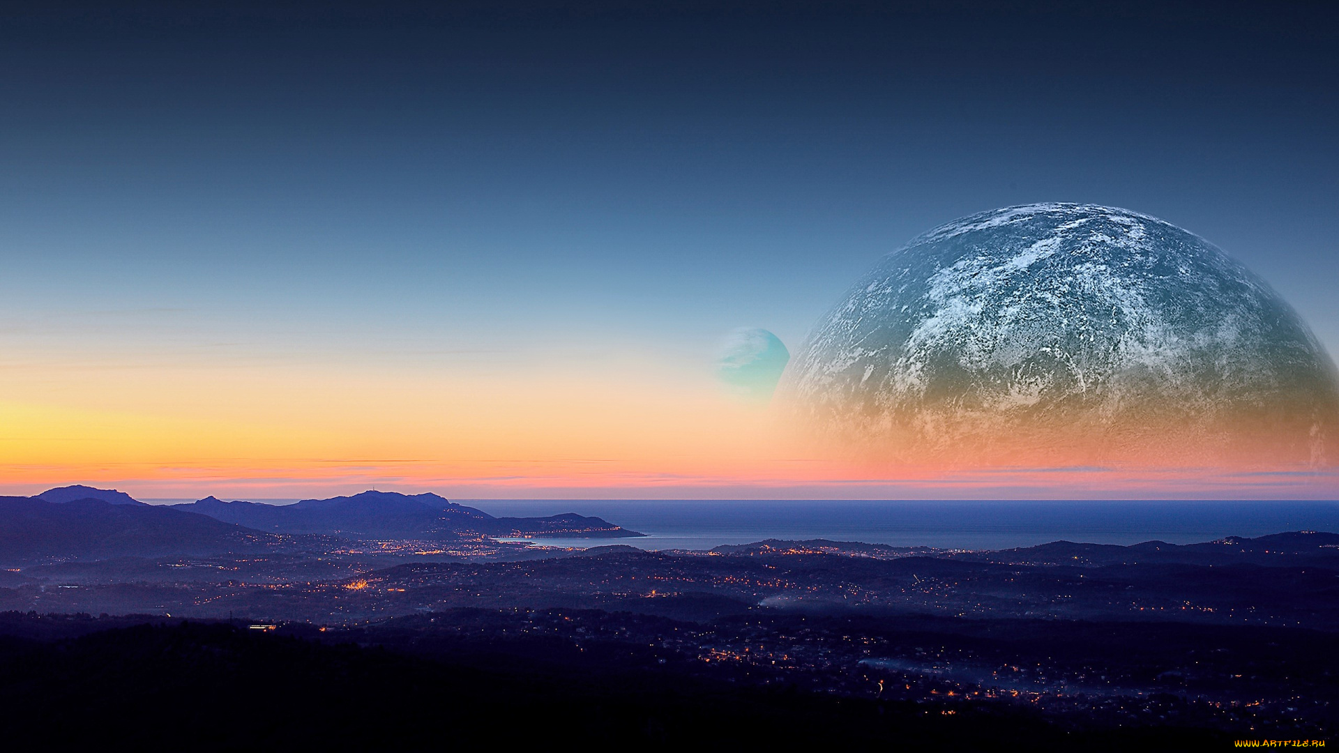 разное, компьютерный, дизайн, планеты, небо, закат, город, огни, море