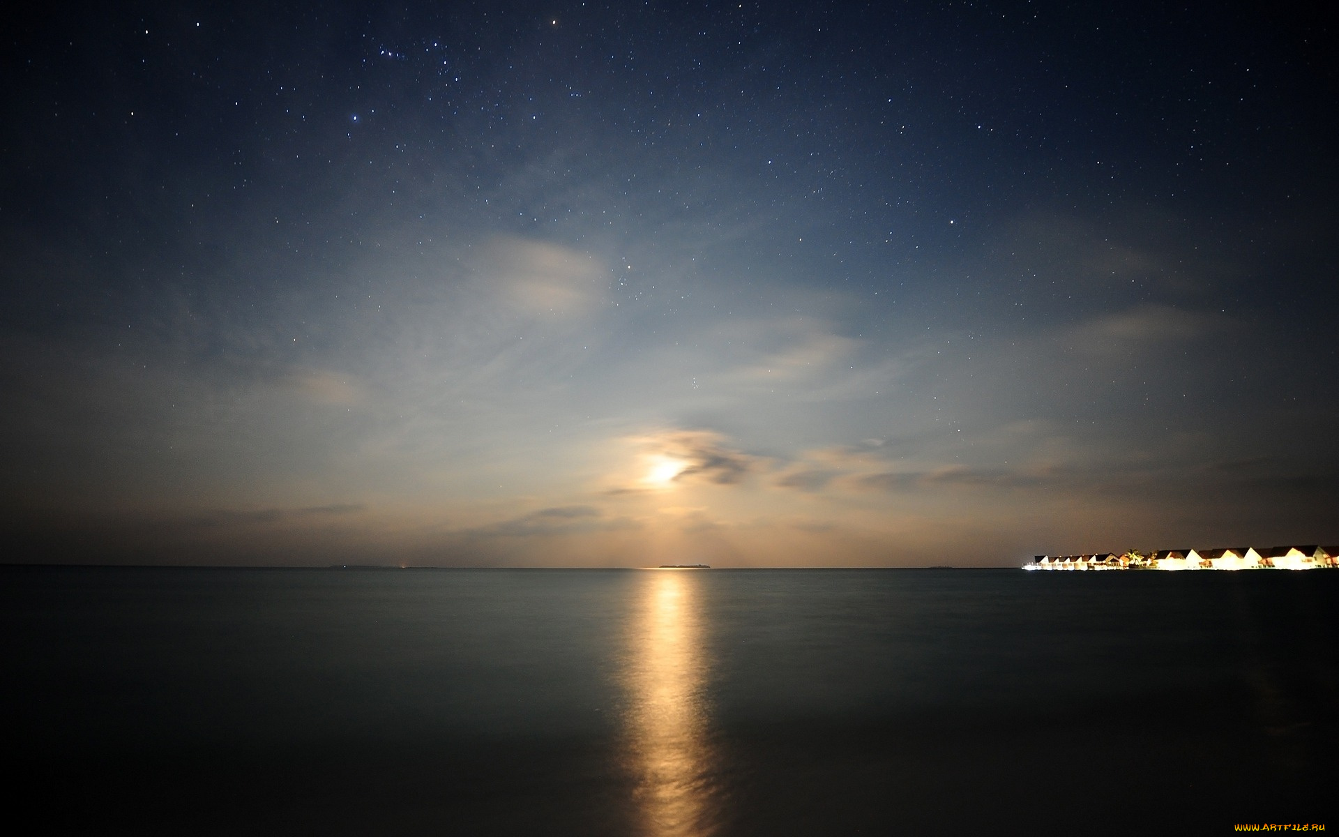 природа, моря, океаны, море, облака, луна, небо, звезды, дома, огни