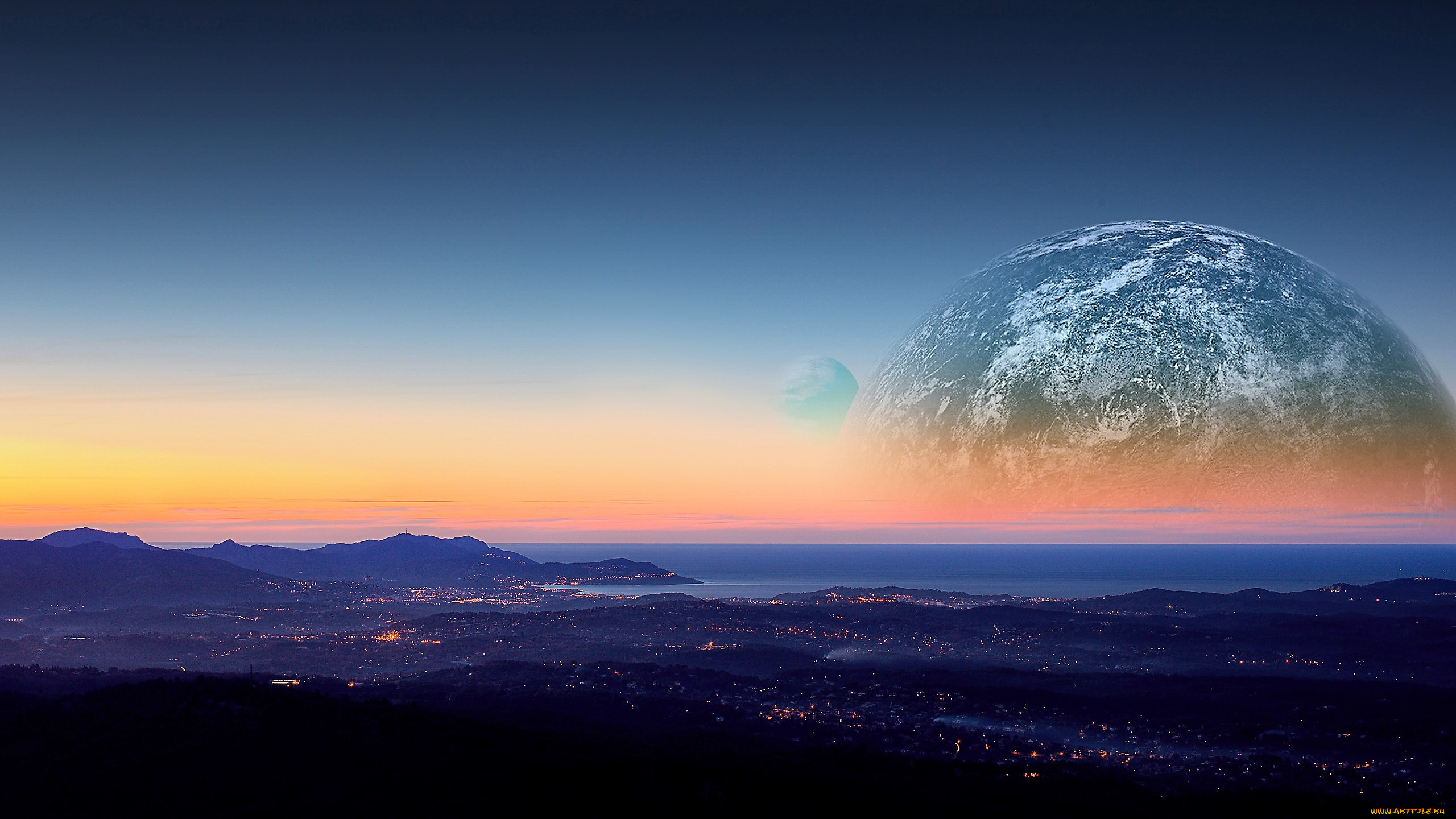 разное, компьютерный, дизайн, планеты, небо, закат, город, огни, море