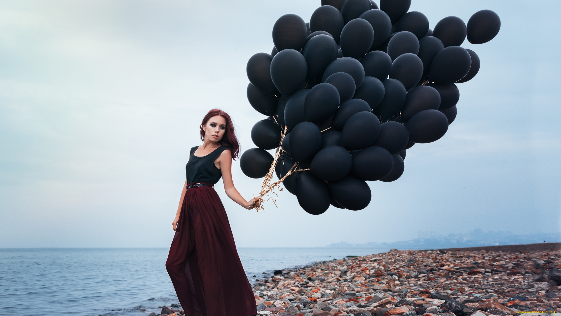 девушки, -, брюнетки, , шатенки, девушка, воздушные, шары, побережье, море