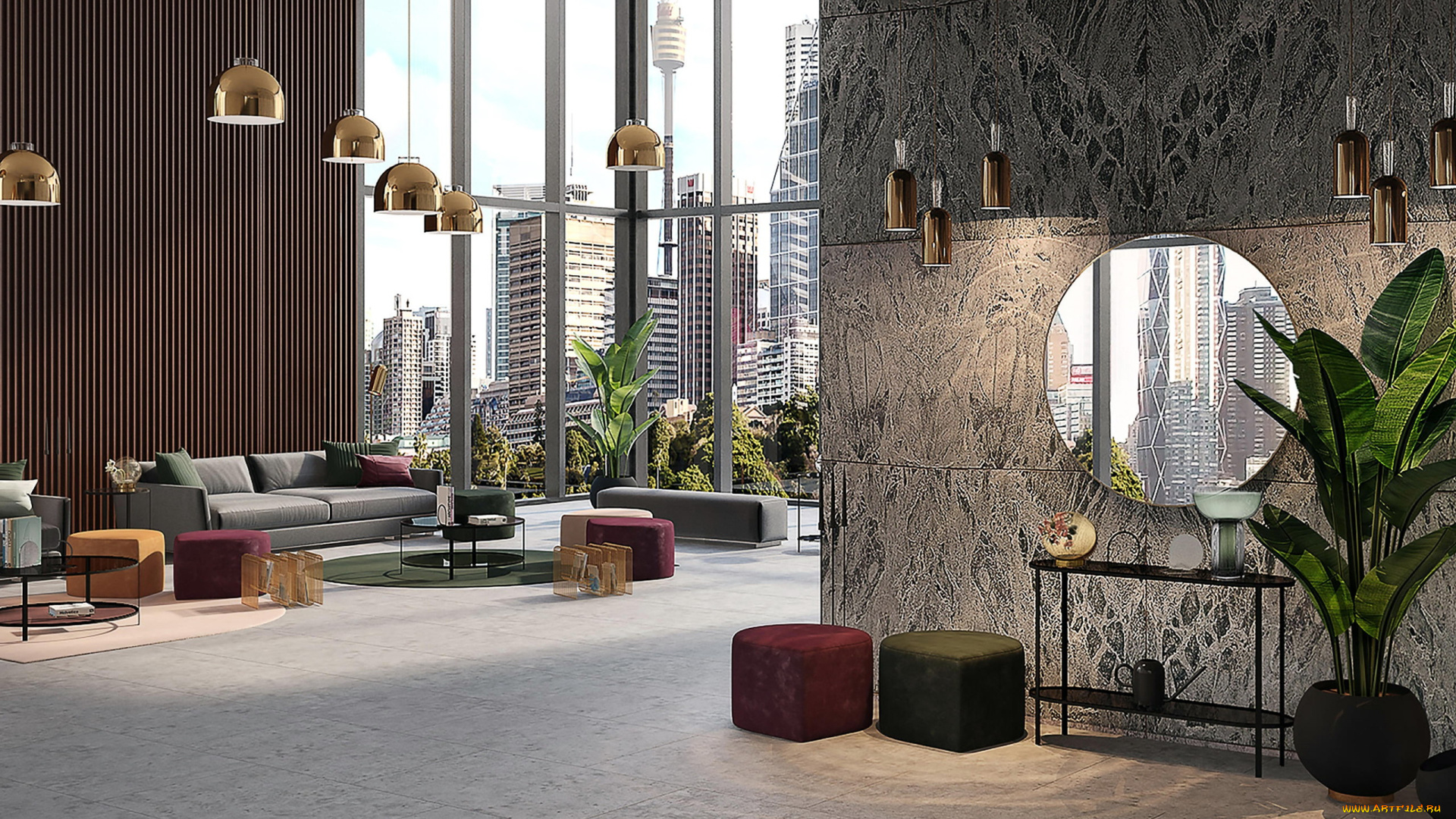 интерьер, гостиная, мягкий, уголок, зеркало, лампы