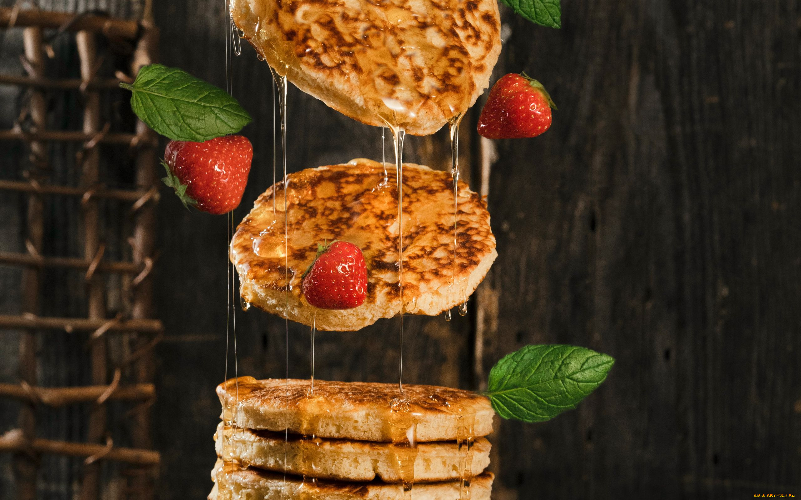 еда, блины, , оладьи, оладьи, клубника, мята