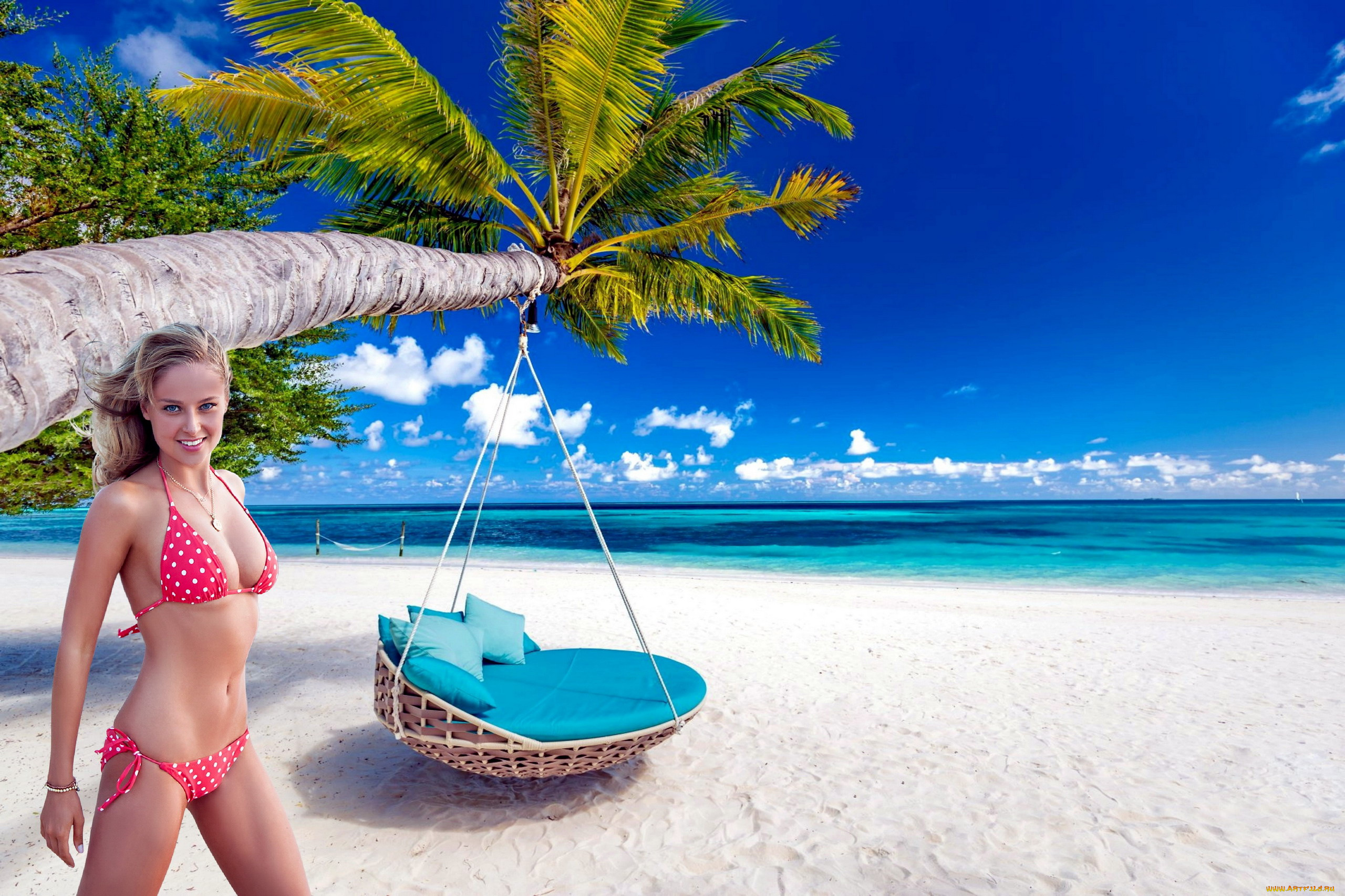 девушки, genevieve, morton, тропики, пальмы, блондинка, купальник