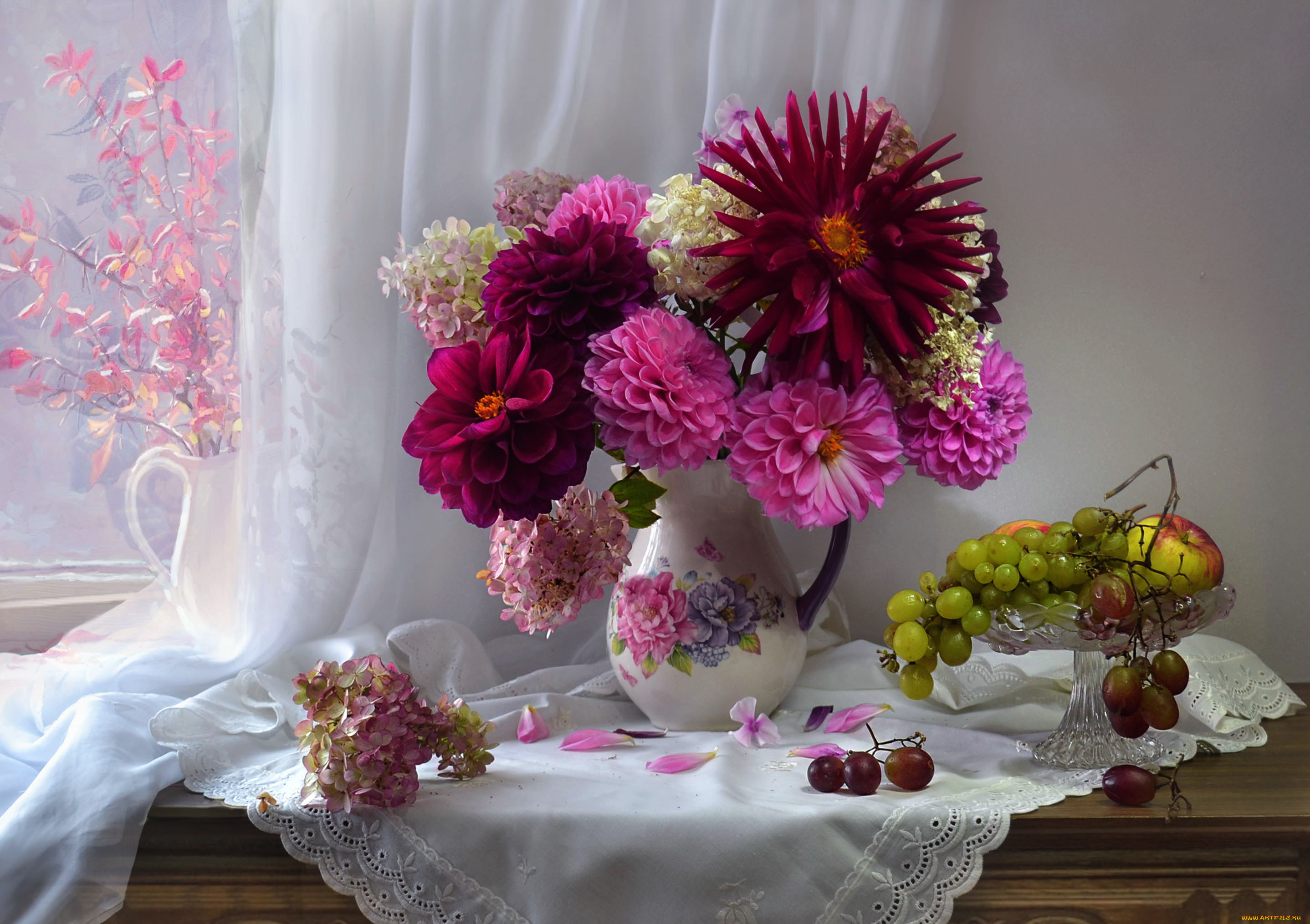 еда, натюрморт, букет, георгины, виноград, яблоки