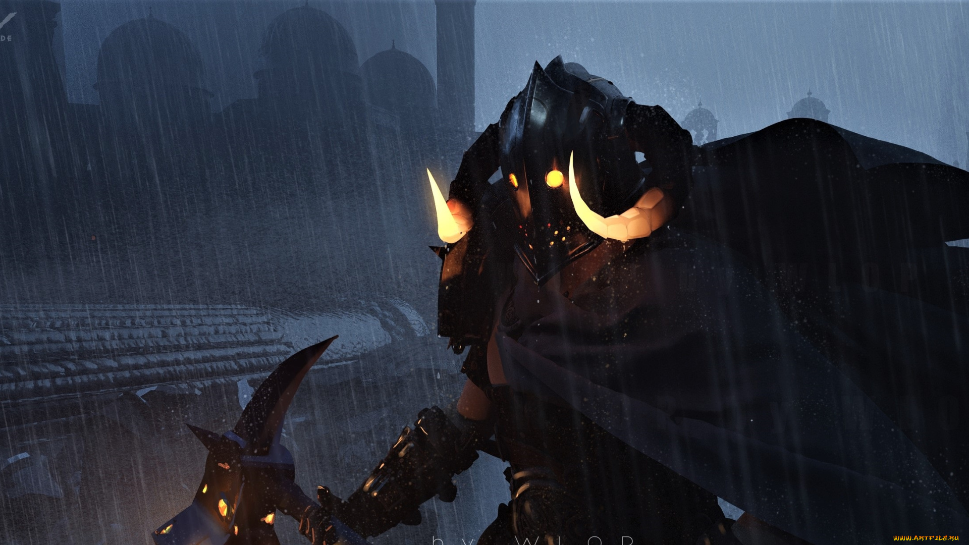 фэнтези, _ghost, blade, , , призрачный, клинок, существо, рога, топор, дождь, город, плащ