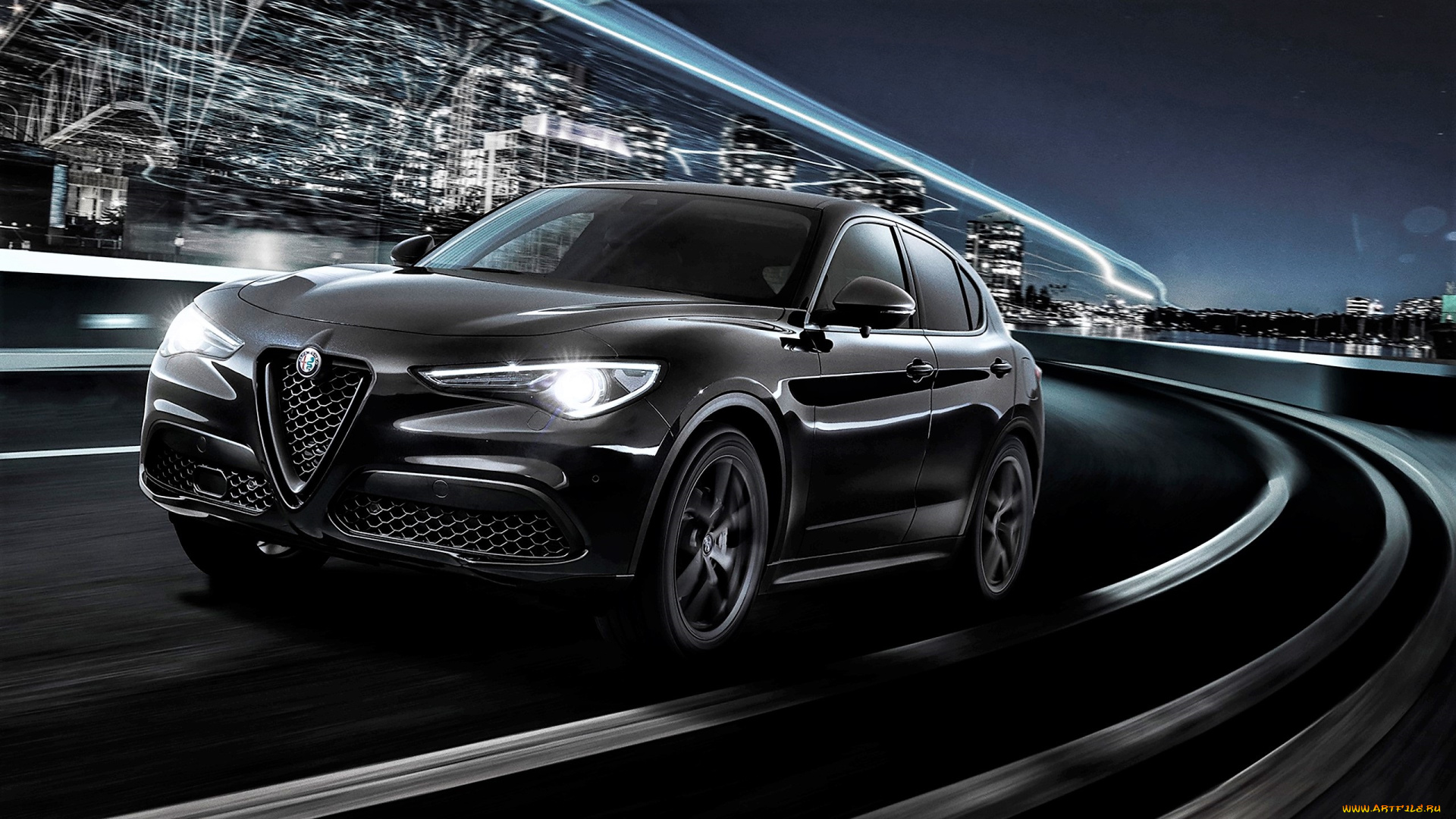 alfa, romeo, stelvio, автомобили, alfa, romeo, черный, скорость, огни, дорога