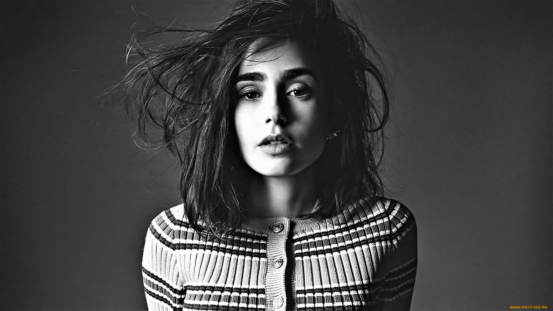 девушки, lily, collins, черно-белая, лицо, кофта