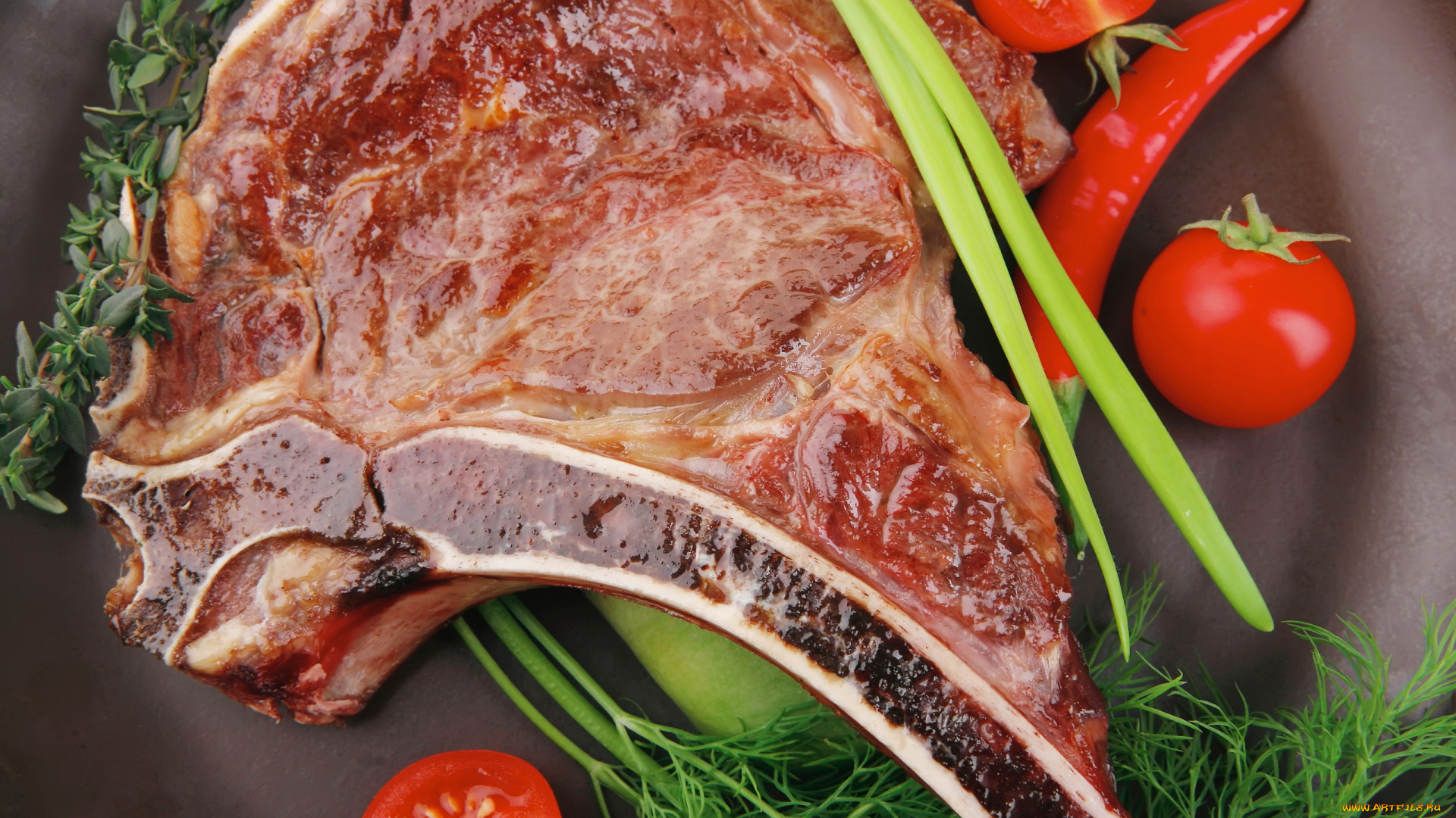 еда, мясные, блюда, стейк, укроп, перец, помидор