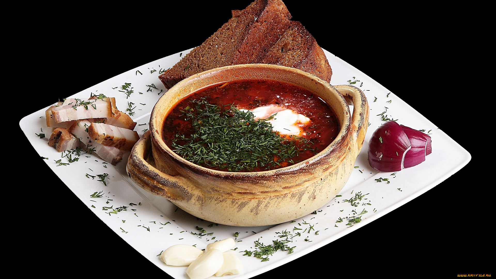 еда, первые, блюда, хлеб, сало, лук, борщ, сметана, укроп