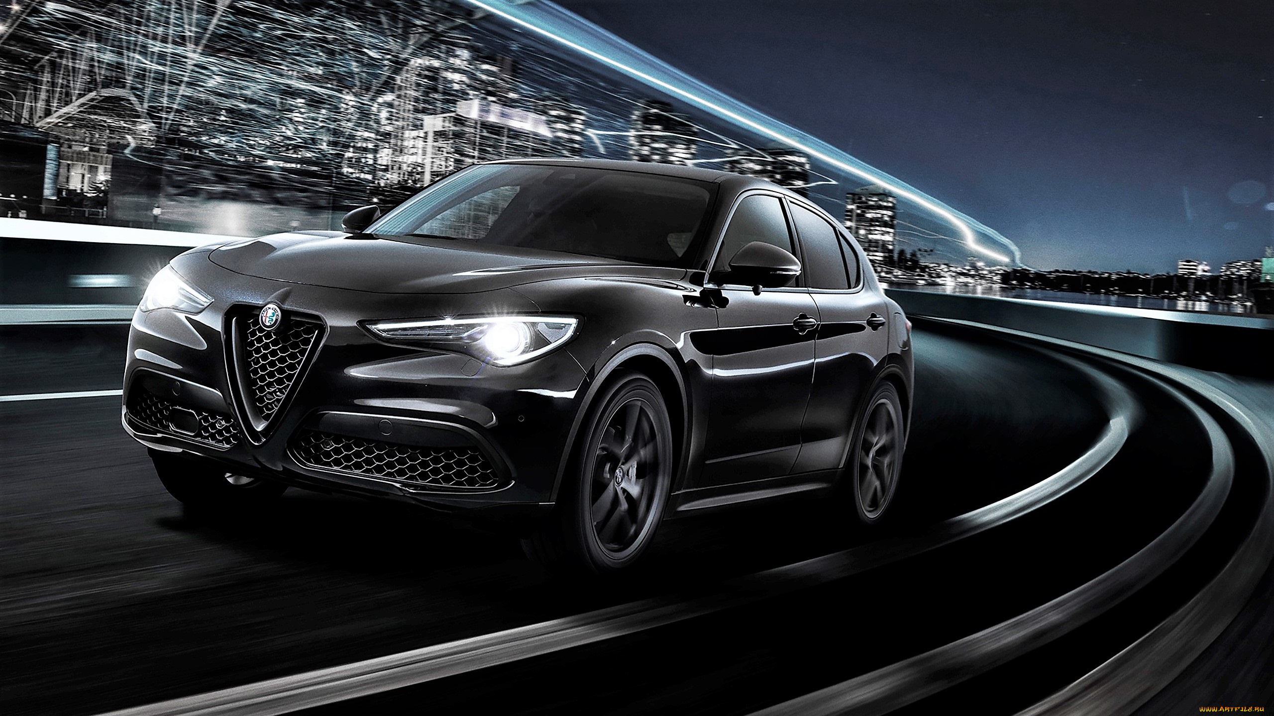 alfa, romeo, stelvio, автомобили, alfa, romeo, черный, скорость, огни, дорога