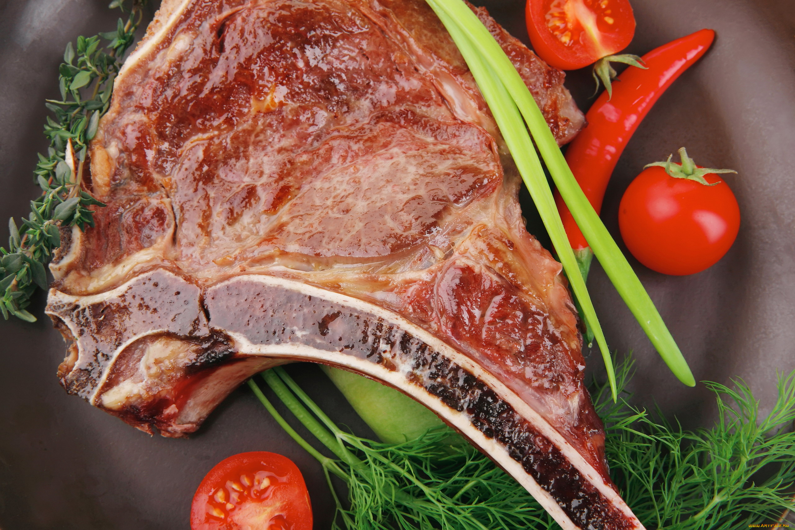 еда, мясные, блюда, стейк, укроп, перец, помидор
