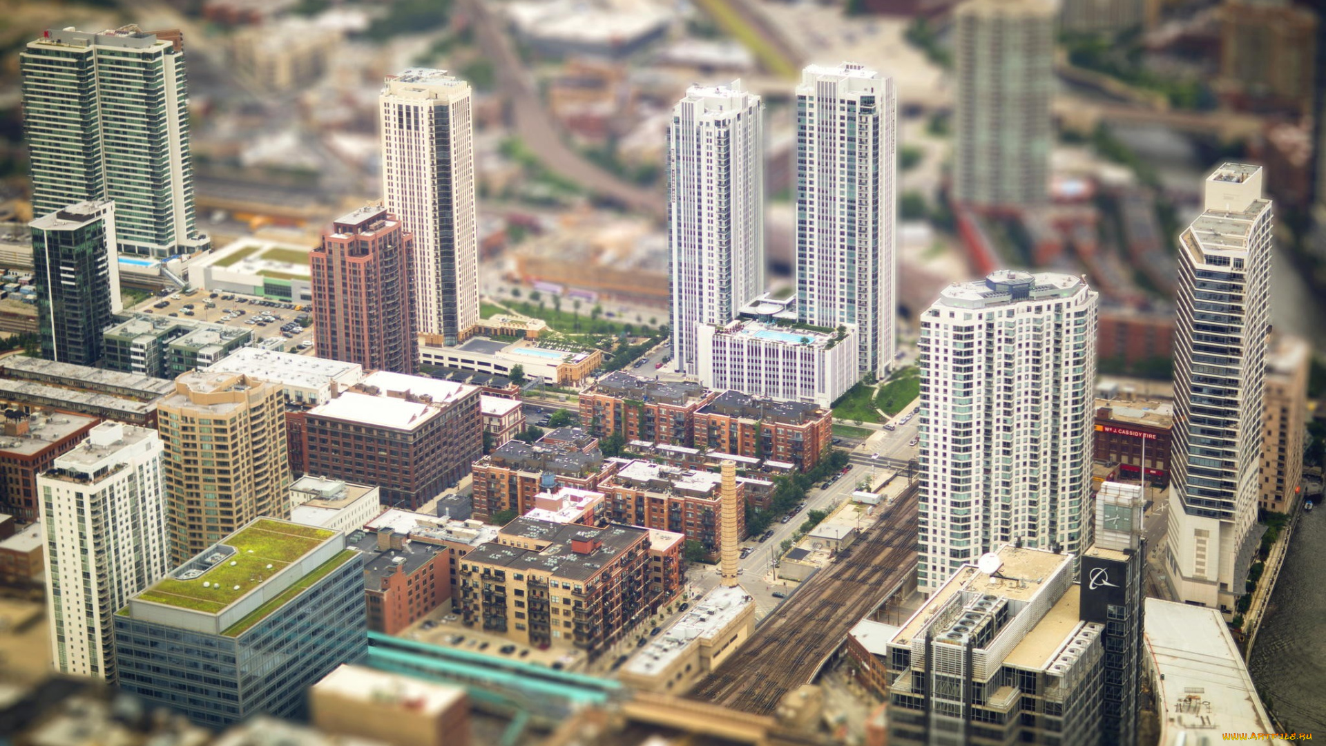 города, чикаго, , сша, архитектура, здание, дом, сдвиг, наклона, город, чикаго, улица, крыши, размыты, городской, вид, дорога, с, водяными, знаками