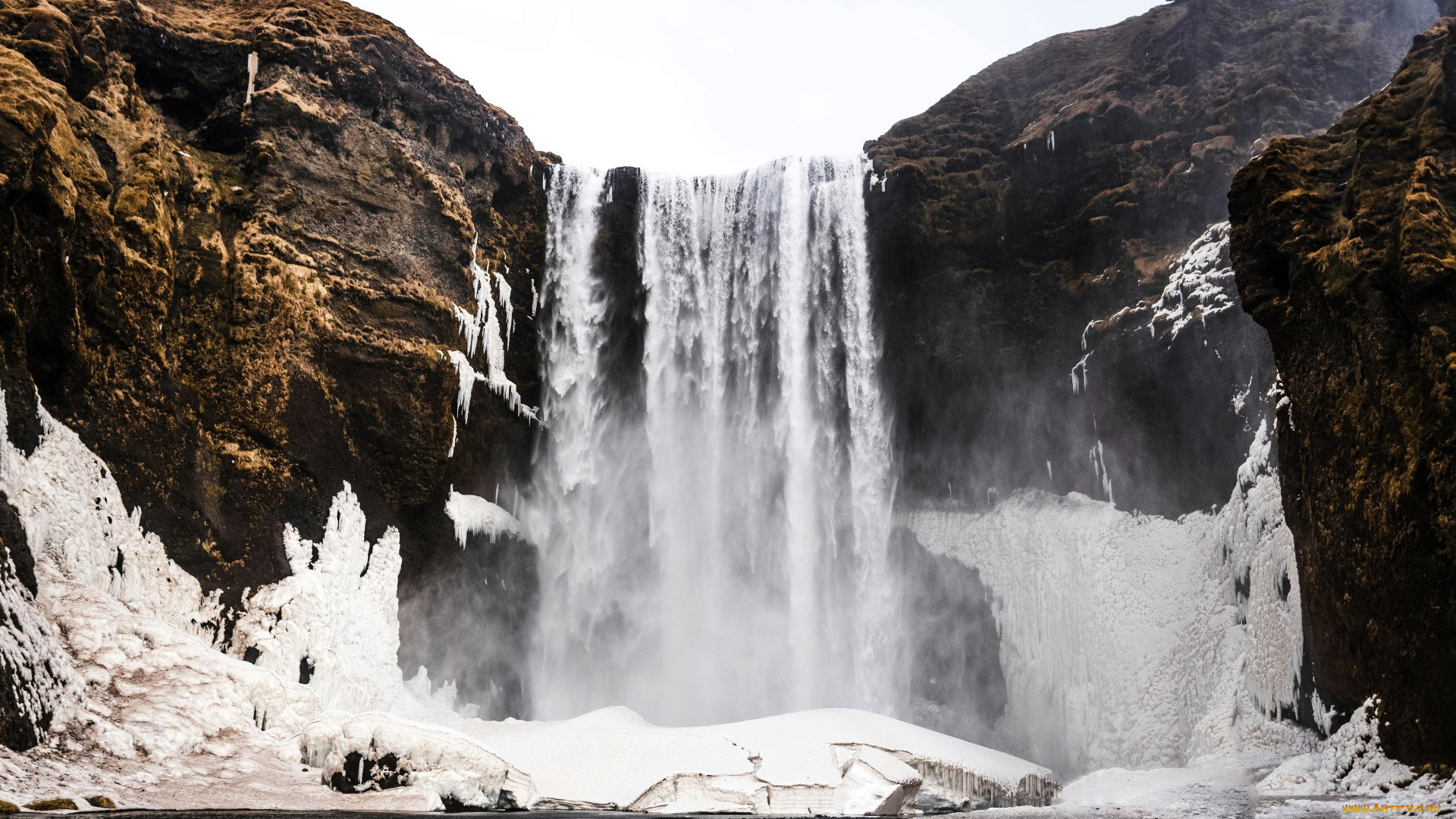 природа, водопады, горы, водопад, снег, озеро