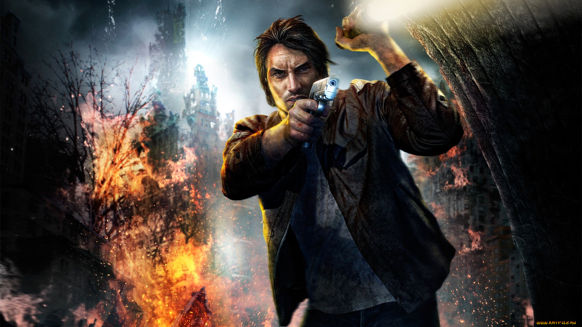 видео, игры, alone, in, the, dark, мужчина, фонарик, куртка, пистолет, огонь